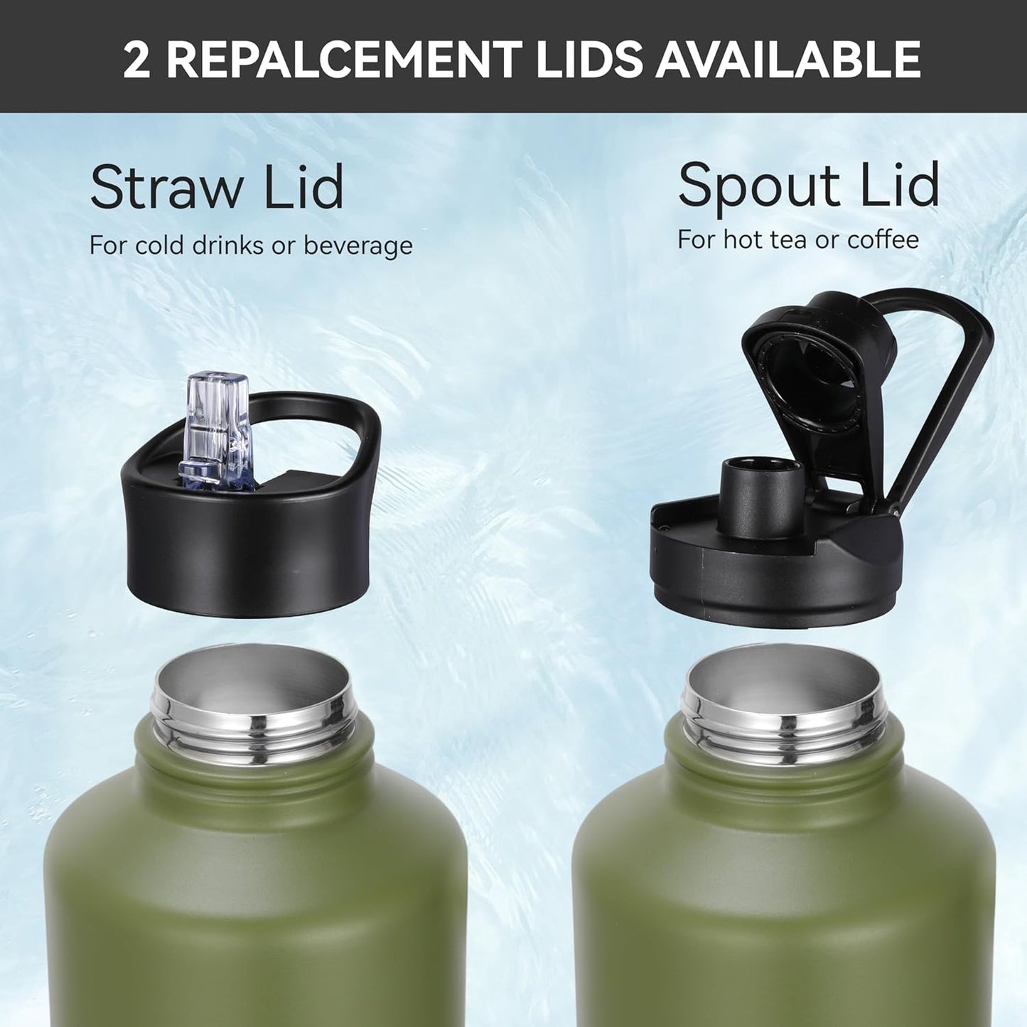 HASLE OUTFITTERS Half Gallon Insulated Water Bottles 64 oz, Stainless Steel Metal Water Jug with 2 Lids Keep Cold 48h/Hot 24h, Leak Proof & BPA-Free Water Flask Jug(Army Green,1)