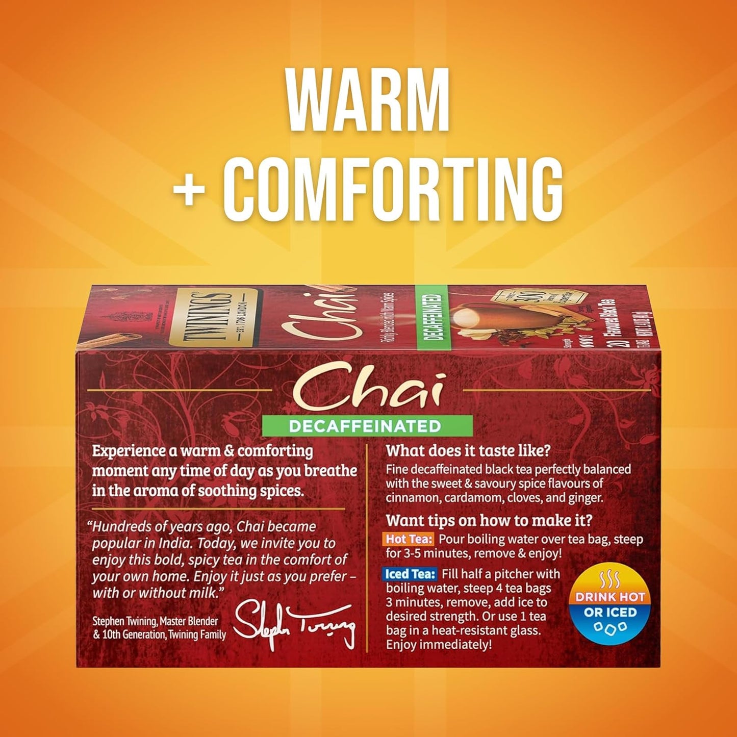 Twinings Decaffeinated Chai Individually Wrapped Bags, 20 Count (Pack of 6), Sweet, Savoury Spices, Enjoy Hot or Iced, 120 Teabags
