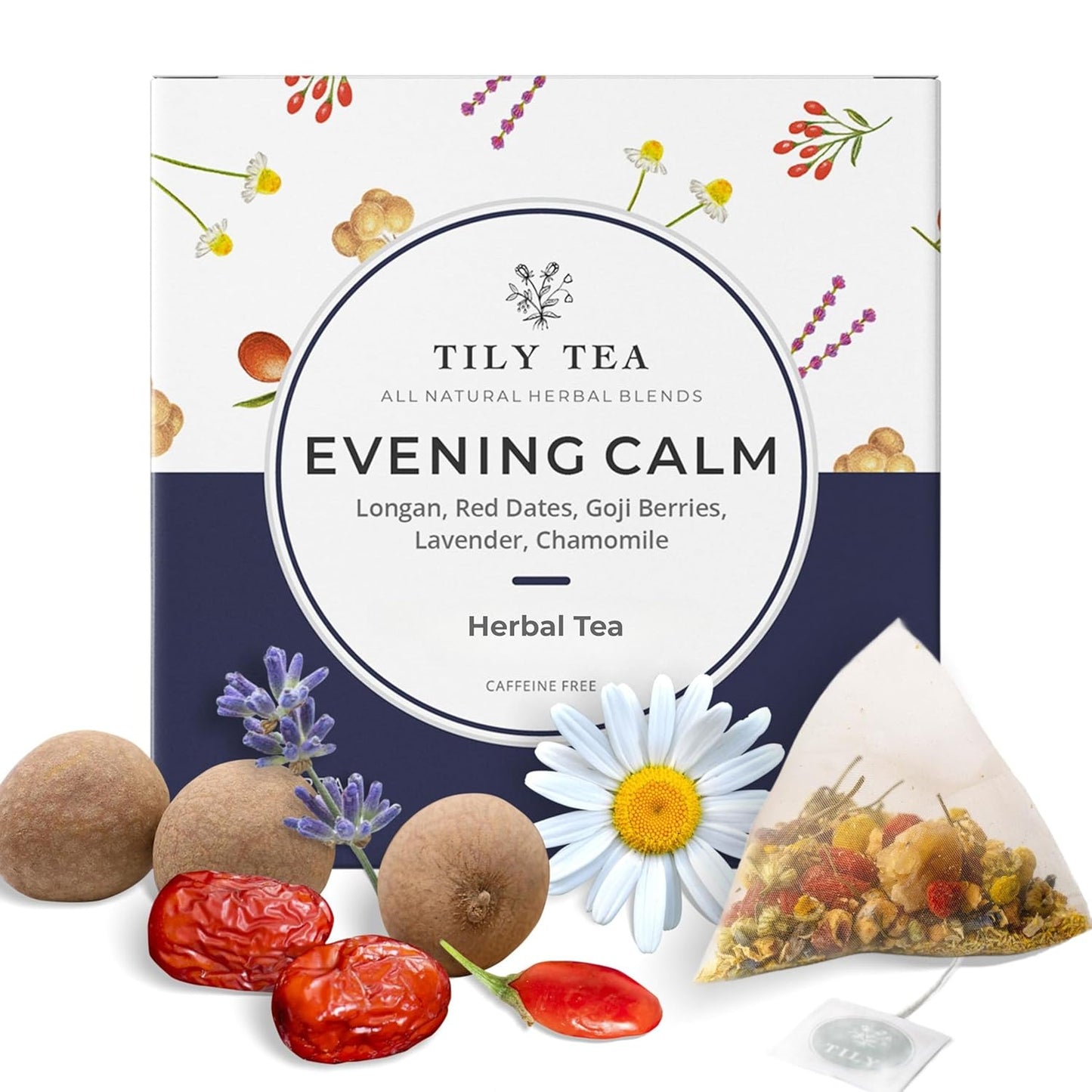 Tily Tea Evening Calm Herbal Tea - Nighttime Tea with Chamomile and Lavender - Caffeine Free - 10 Plastic-Free Teabags