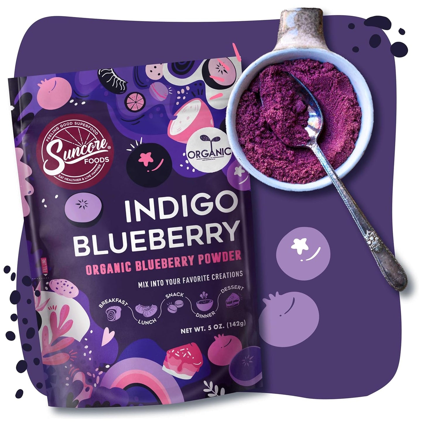 Suncore Foods Organic Indigo Blueberry Powder, Purple Food Coloring Powder, Gluten-Free, Non-GMO, 5oz (1 Pack)