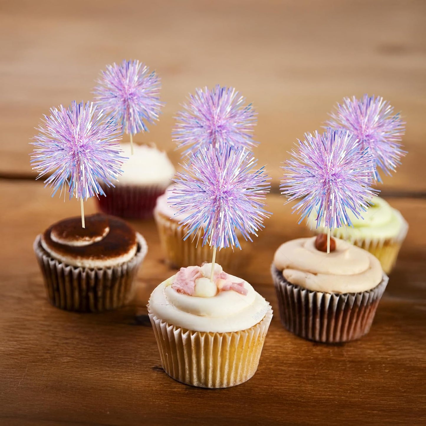 Gyufise 30Pcs Foil Firework Cupcake Toppers Sparkle Tinsel Cake Toppers Tinsel Drink Cake Decoration Cocktail Picks for Birthday Wedding Graduation Party Supplies Laser Purple