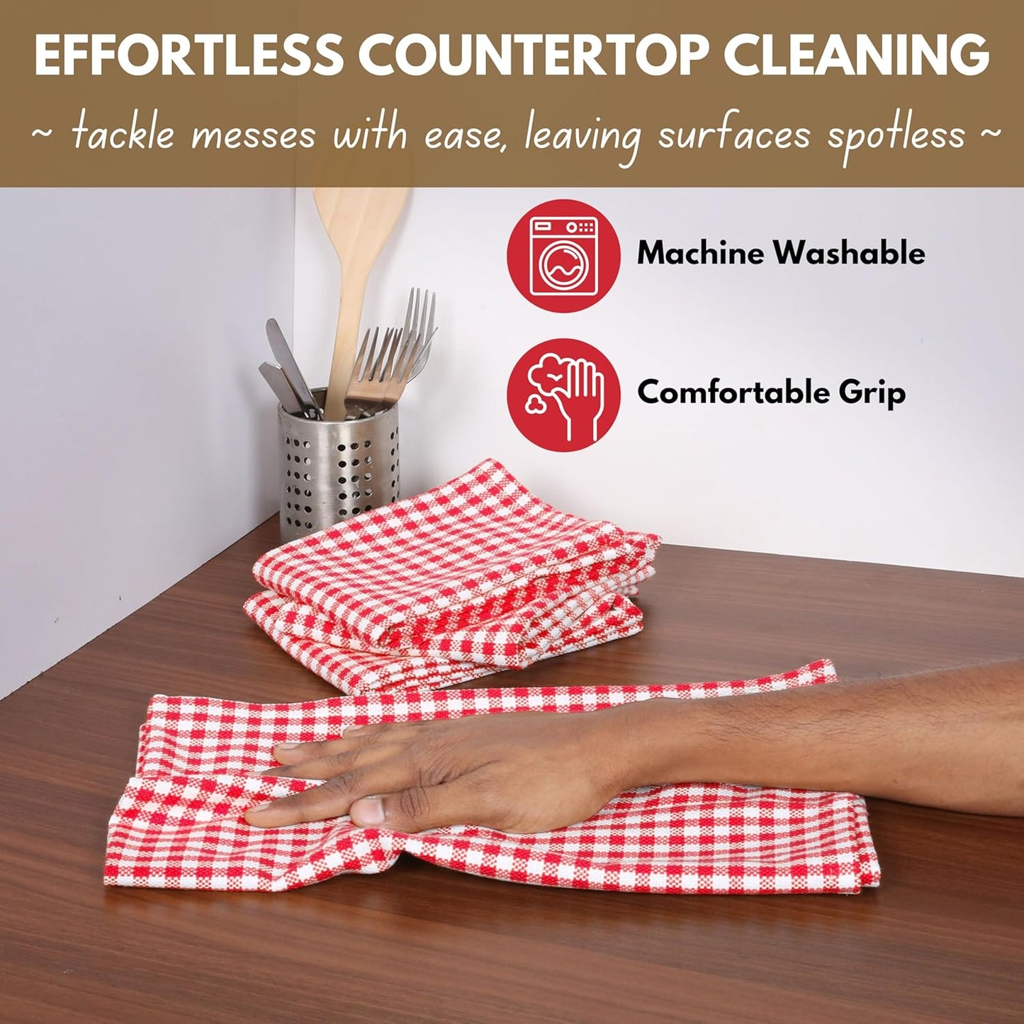 Native Fab 12 Pack Gingham Check Kitchen Towels 16"x26" - Mini Plaid Cotton Dish Towels Washable - Absorbent Tea Towel, Soft Hand Towel with Hanging Loop, Dish Cloth Set - Red White