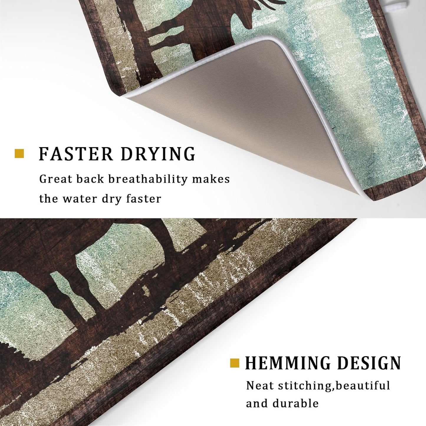 Retro Deer Forest Cabin Silhouette Dish Drying Mat Countertop 18x24 Fall Blue Sky Cloud Cartoon Elk Wild Animal Bushes Drainer Mat Pine Tree Grass Dishes Pad Rustic Moose Dish Drainer Rack