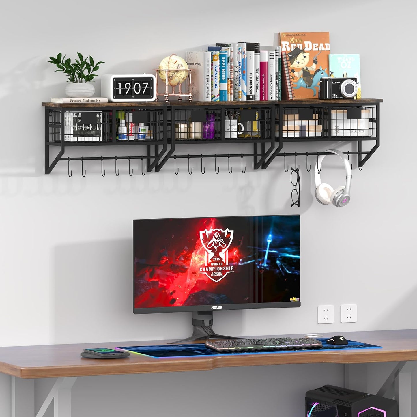 Helsin Industrial Wall Mounted Metal Wood Floating Shelves with Baskets Hooks Hanging Display Shelf Sundries Holder for Coffee Bar Kitchen Bathroom Organization and Home Decor, Black (16inch, 2 Sets)