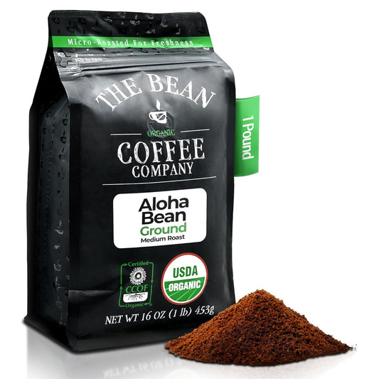 The Bean Organic Coffee Company Aloha Bean (Hawaiian Hazelnut), Medium Roast, Ground Coffee, 16-Ounce Bag,Café molido tostado organico