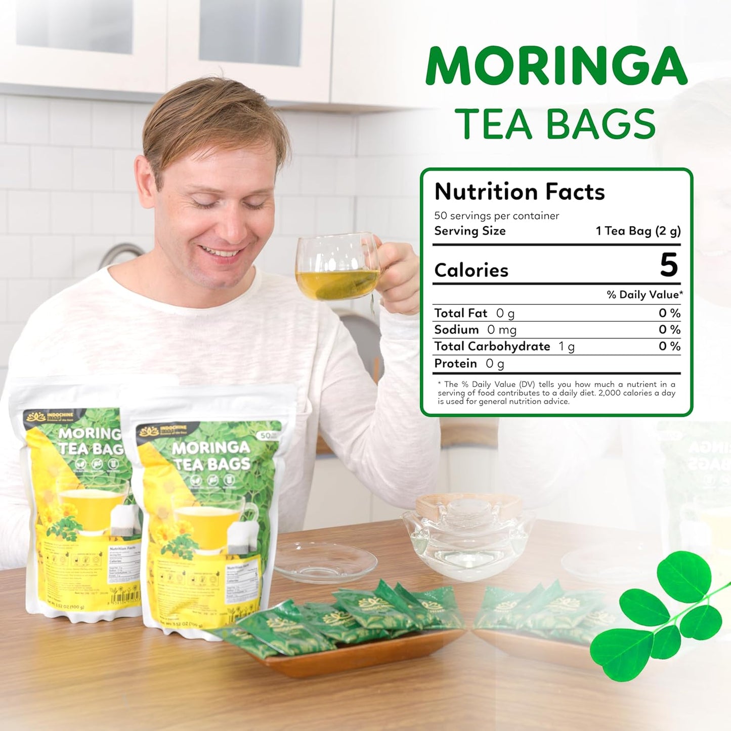 Indochine Blends, 50 Tea Bags, Hibiscus Tea Bags for High Blood Pressure, Herbal Tea Bags, Caffeine-Free, No Sugar, Vegan, Supports Heart Health and Relaxation, Loose Hibiscus Flowers, All Natural Hibiscus Flowers Ingredients (50 Tea Bags, Moringa Tea)