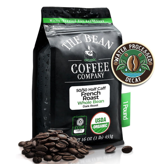The Bean Organic Coffee Company 50/50 French Roast, 50% Decaf, Dark Roast, Whole Bean Coffee, 16-Ounce Bag, USDA Organic Certified