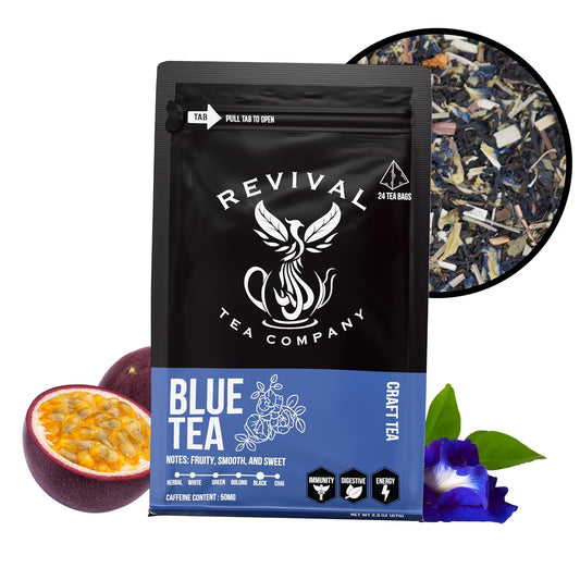 Revival Tea Company Blue Tea - Butterfly Pea Flower and Black Tea Blended with Other Herbal Tea Flavors - Loose Leaf 6 Ounces`
