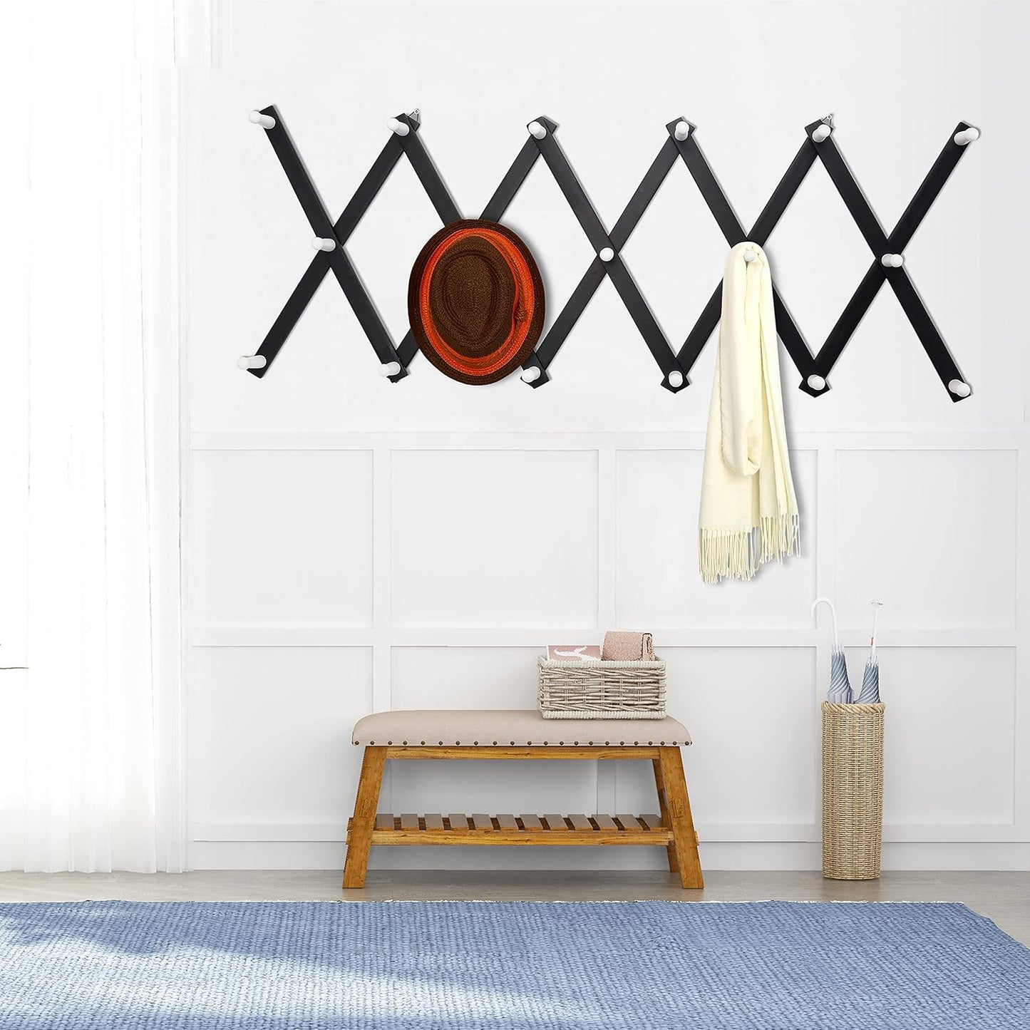 Dseap Accordian Wall Hanger: 16” High Wooden Wall Expandable Coat Rack, Hat Rack Holder, Accordion Hook for Baseball Caps, Coats, Mugs,17 Peg Hooks, Black & White