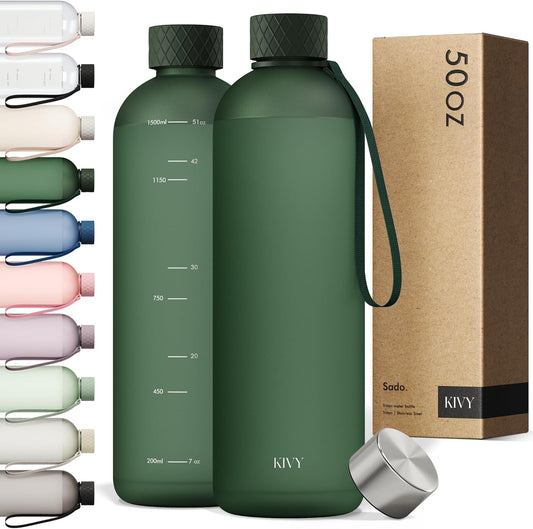 KIVY Large Water Bottle 50oz [Lightweight & Shatterproof] Fits Backpack & Cupholder for Travel, Sports, School - Dark Green water bottle no straw - 1.5 Liter water bottles - 50oz Water bottle