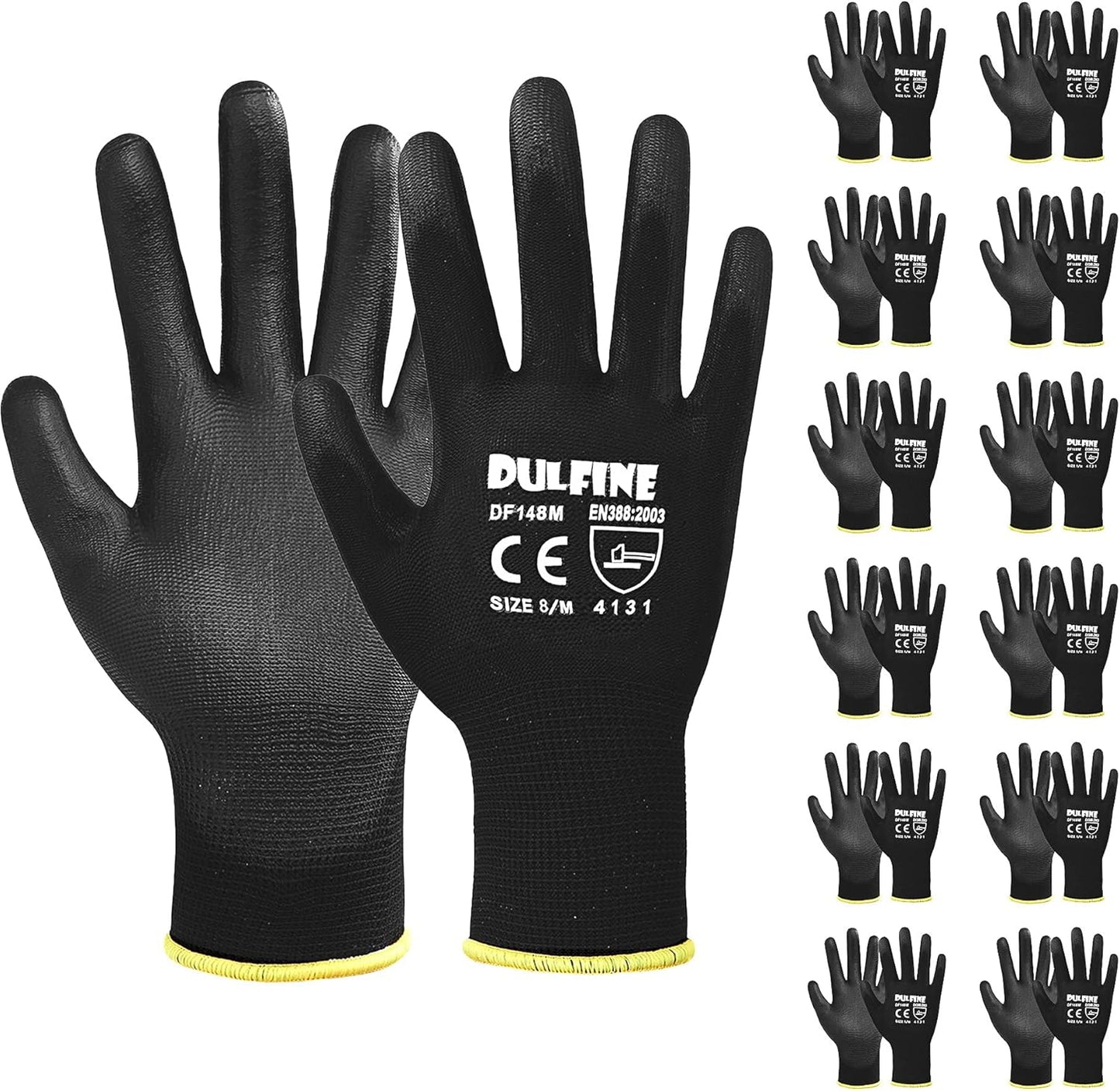 DULFINE Ultra-Thin PU Coated Work Gloves-12 Pairs,Excellent Grip,Nylon Shell Black Polyurethane Coated Safety Work Gloves, Knit Wrist Cuff,Ideal for Light Duty Work. (Medium)