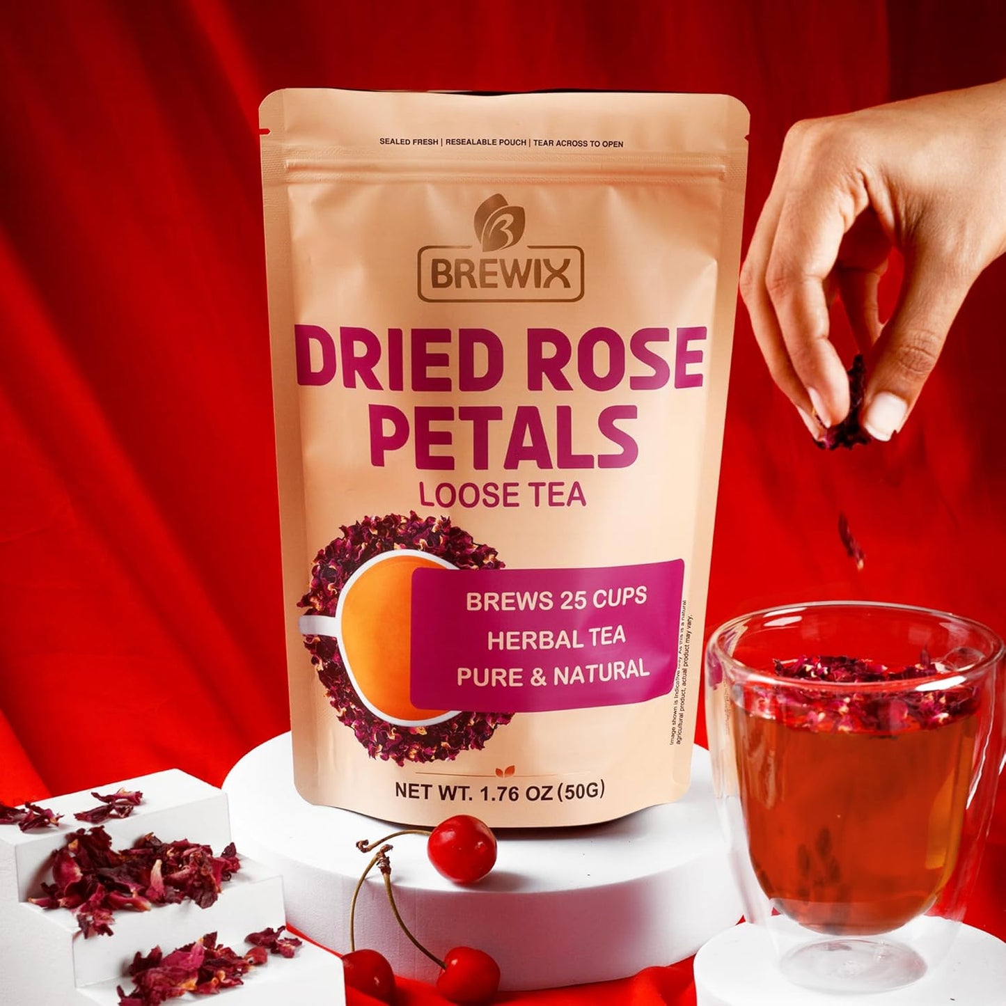 BREWIX, Pure Dried Rose Petals Loose Tea (25+ Cups,1.76oz/50g) Edible Flowers for Cocktails,Garnishing & Drinks, Tea,Baking,Desserts,Bread,Cake,Bath,DIY Skincare Edible Rose Petals in Resealable Bag