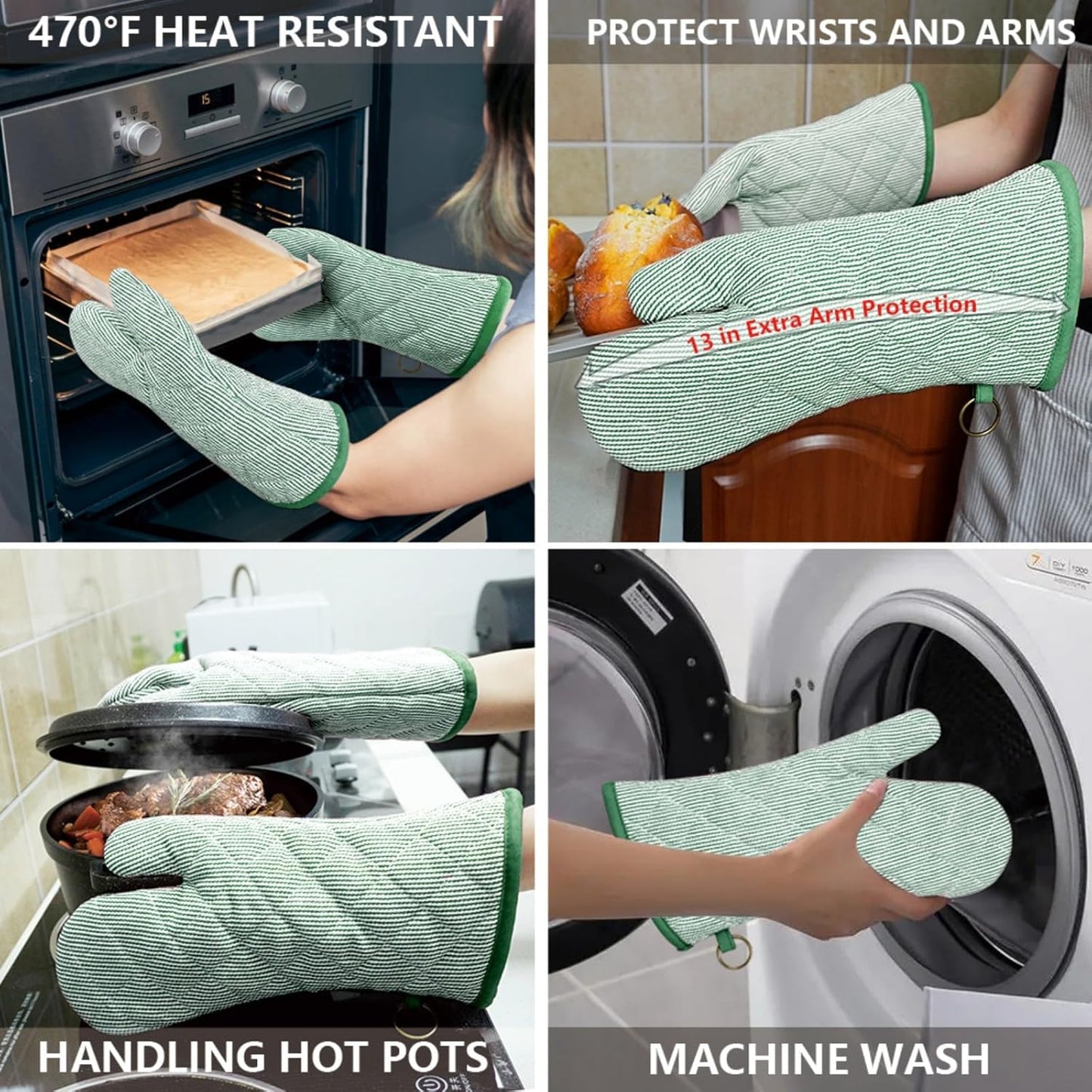 1 Pair Yarn Dyed Oven Mitts 100% Cotton Heat Resistant 470 Degree Gloves Men Women Cooking Baking Barbecue BBQ Microwave Crafting Machine Washable Pot Holders Mittens (Green)