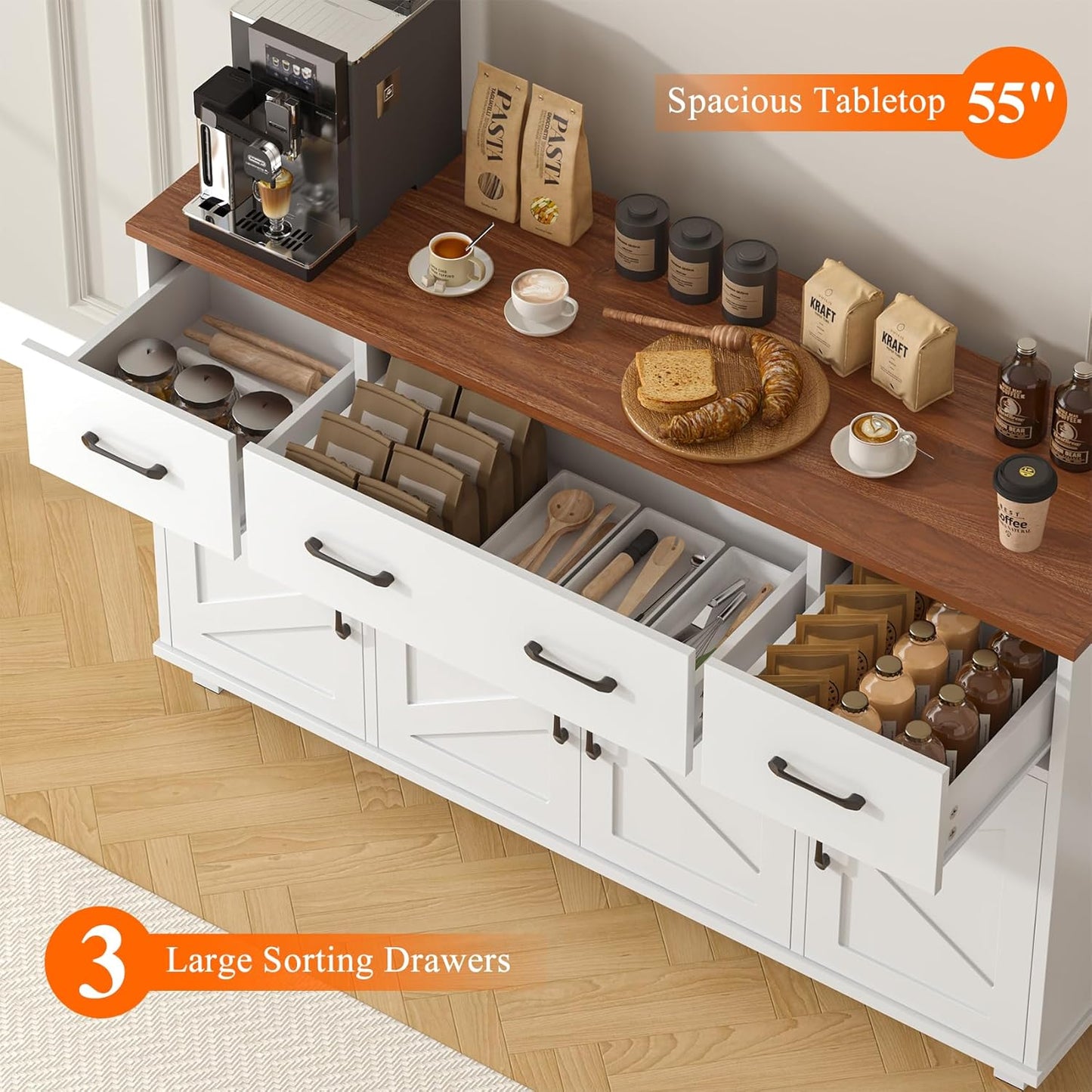 55" Sideboard Buffet Cabinet with Storage, Coffee Bar Cabinet with 3 Drawers and 4 Barn Doors, Long Storage Cabinet Modern Farmhouse, White Wood, for Kitchen, Dining Room, Living Room
