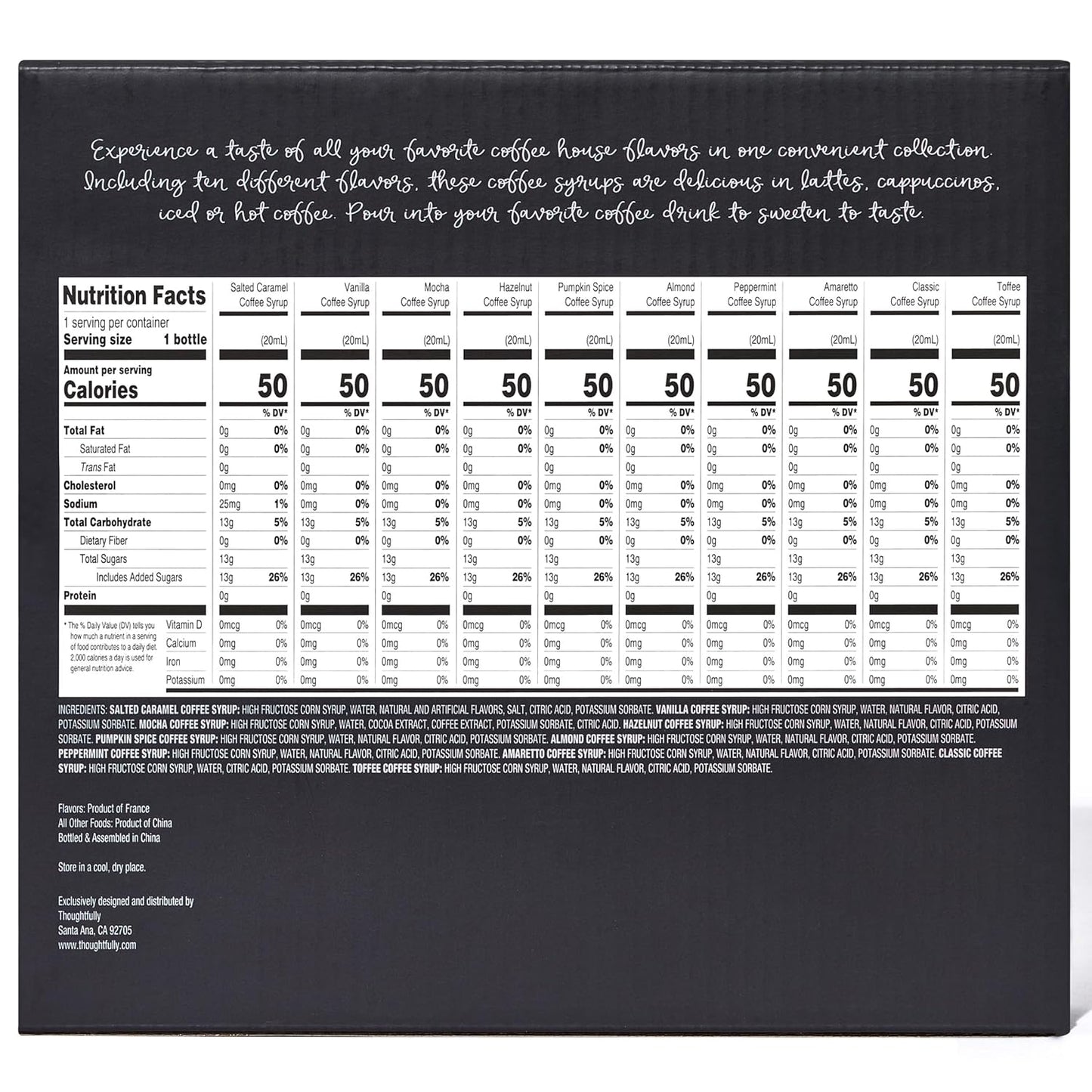 Thoughtfully Gourmet, Coffee Syrup Sampler Gift Set, Syrup Flavors Include Salted Caramel, Vanilla, Mocha, Hazelnut, Pumpkin Spice, & More, Set of 10