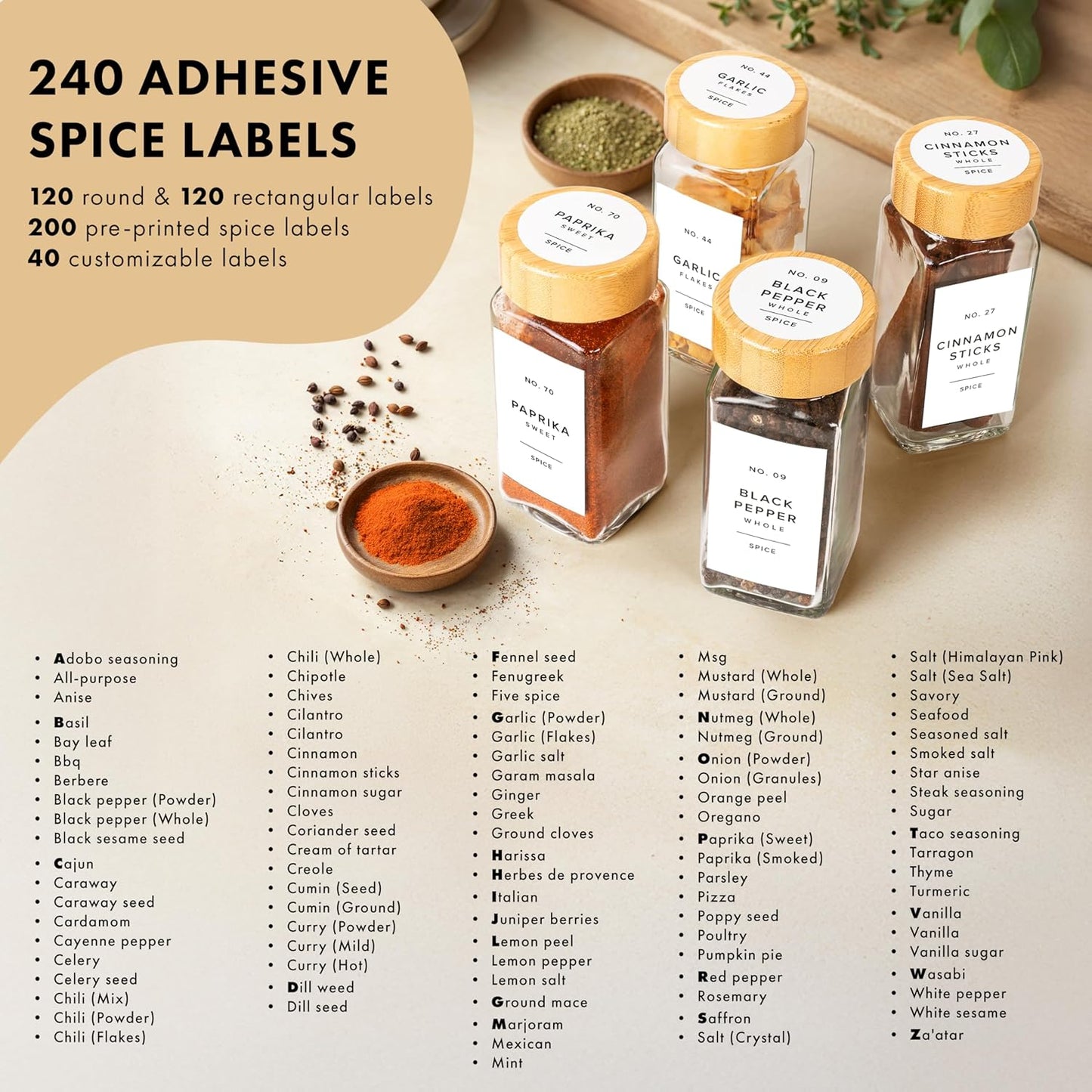 Square Spice Jars with Bamboo Wooden Lid (Pack of 24) Spice Jars with Shaker Insert and 240 Labels - Bamboo Lid Glass Container for Spice Organisation [4.3 in × 1.8 in]
