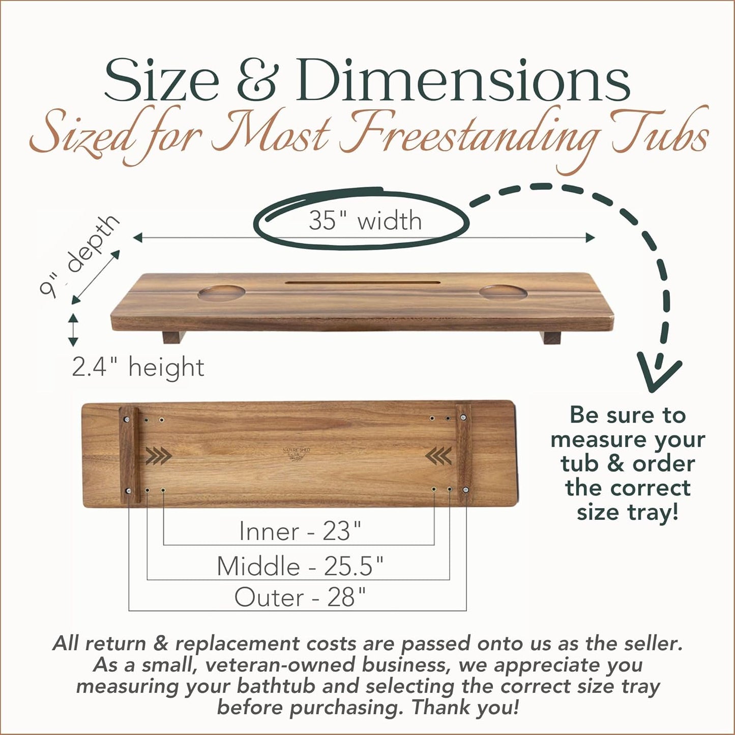 Premium Nature Shed Bathtub Tray for Freestanding Bath | Large & Thick 35” Acacia Wood Luxury Bath Tray for Tub | Anti-Tip, Non-Toxic, Adjustable Bathtub Trays for Tub with Bathroom Accessories Holder