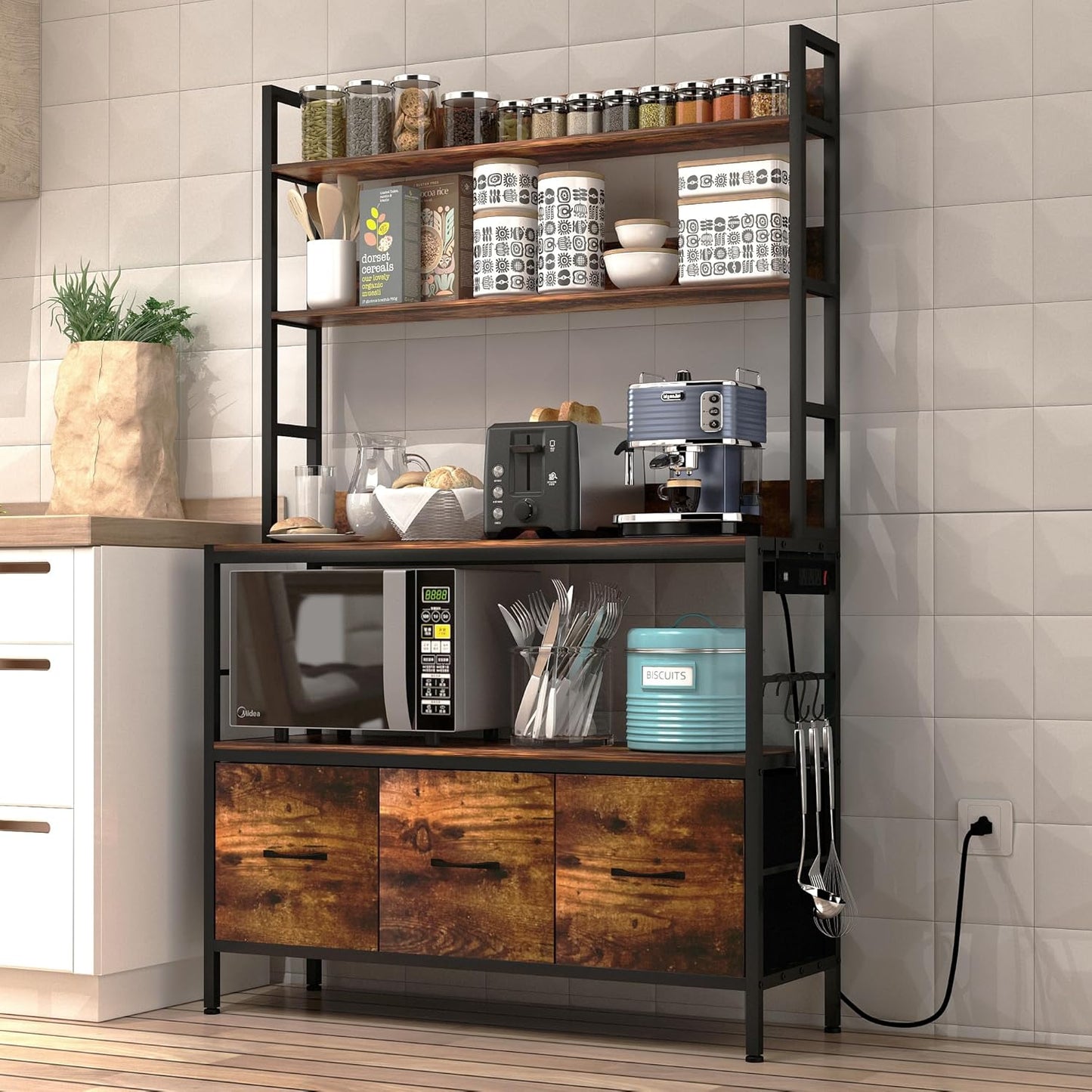 Kitchen Bakers Rack with Power Outlet,5-Tier Free Standing Storage Shelf Bakers Rack with Baskets,Industrial Microwave Oven Stand,Metal Kitchen Rack Organizer with Hooks