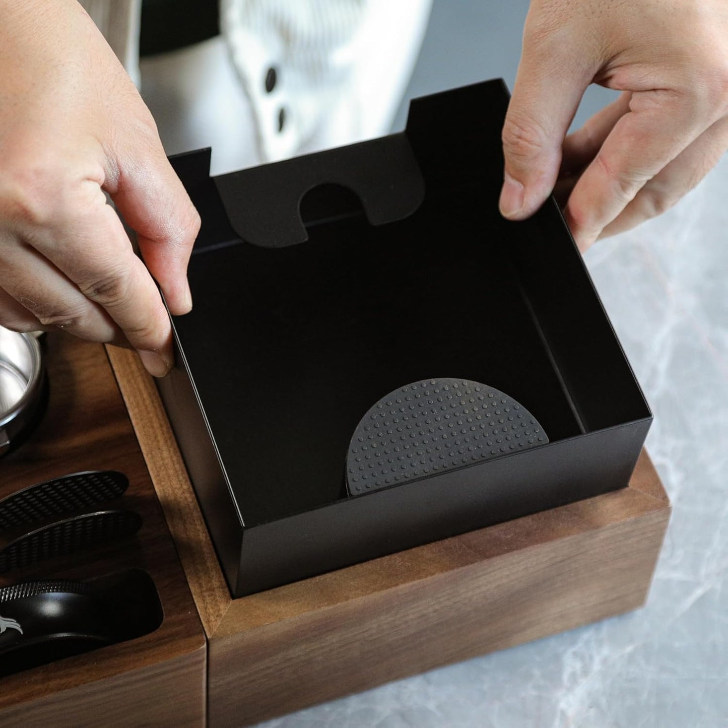 58mm Espresso Tamping Kit Walnut Tamper Station and Knock Box for Coffee Grounds Disposal and Tool Organization