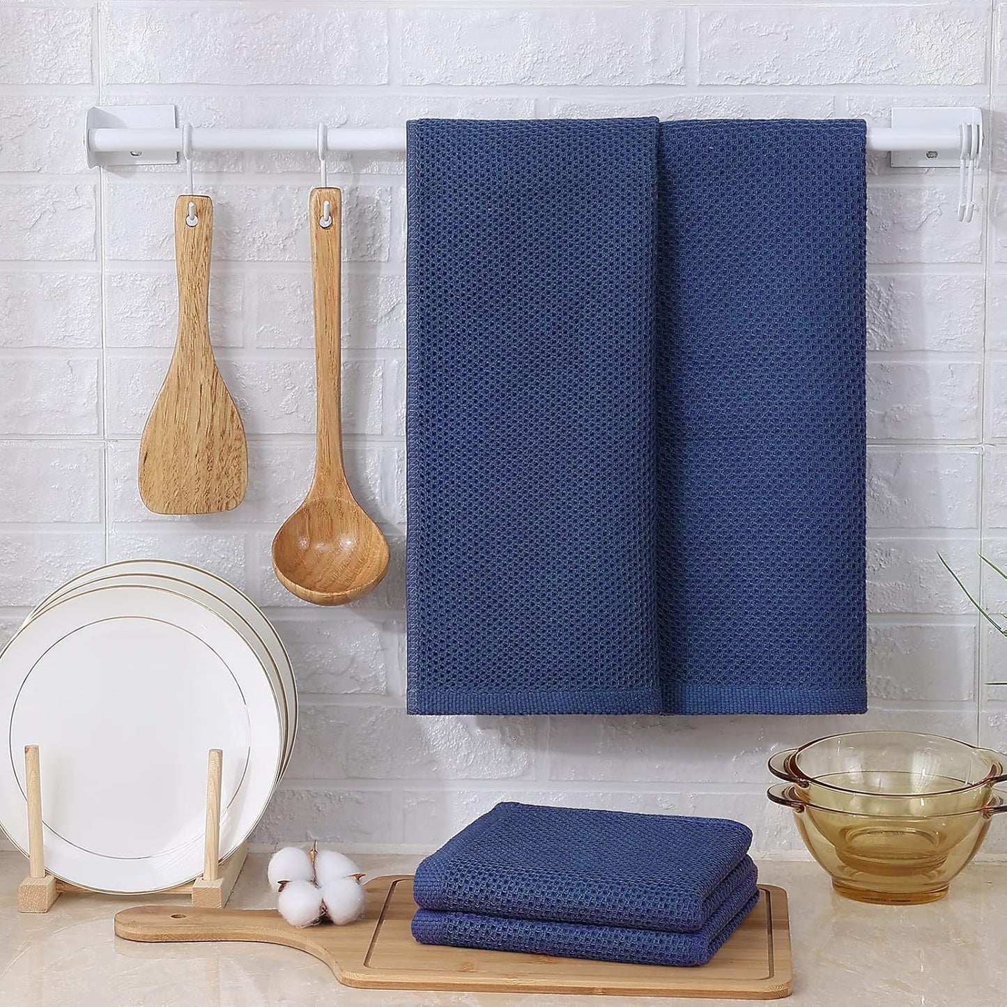 Kitinjoy 100% Cotton Waffle Weave Kitchen Towels, 8-Pack Super Soft and Absorbent Dish Towels for Drying Dishes, Kitchen Hand Towels, 13 in x 28 in, Navy Blue