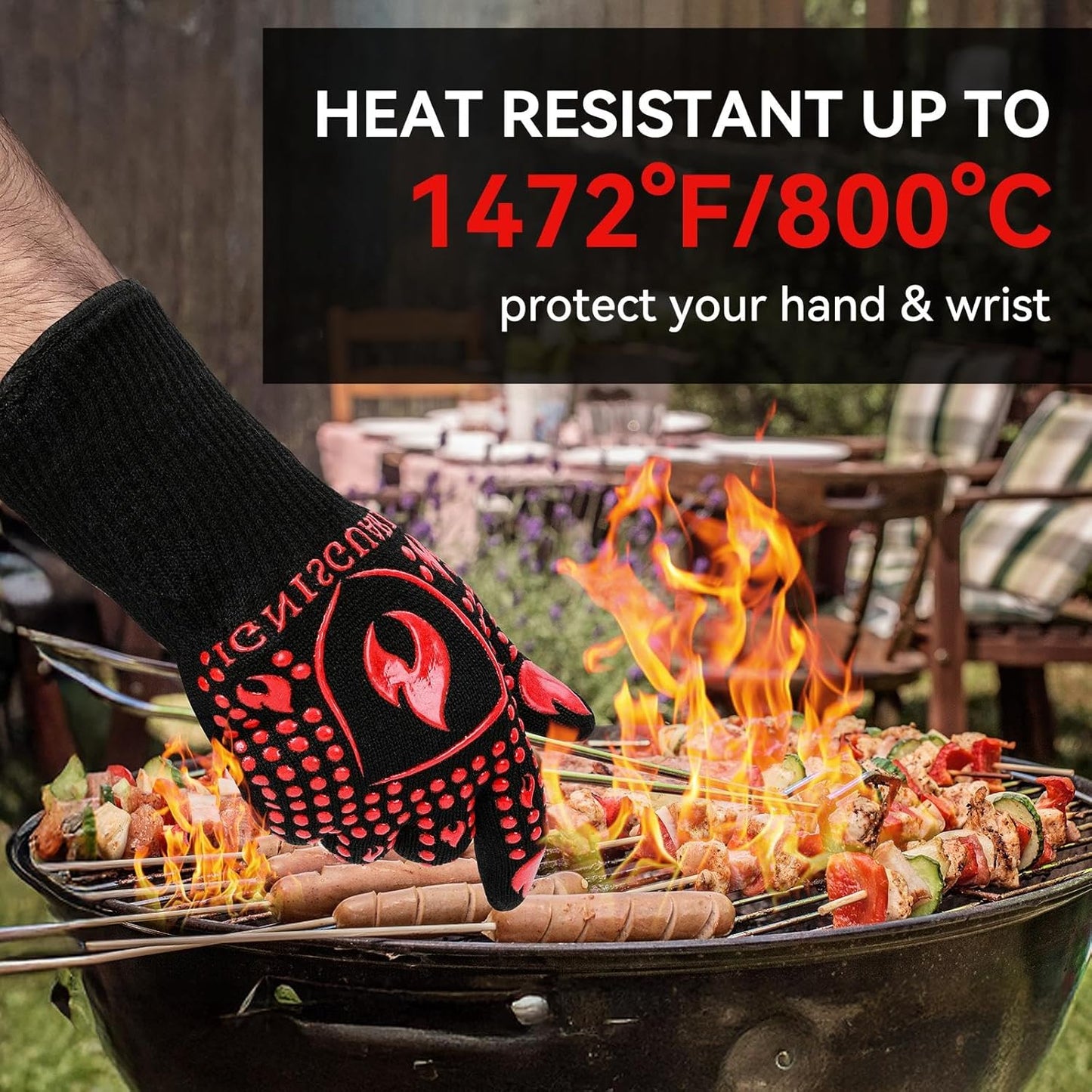 BBQ & Grill Gloves, Oven Gloves, 1472°F Silicone Oven Mitts Heat Resistant Grilling Gloves Fireproof Non-Slip for Barbecue Cooking Baking Smoking, 1-Pair Red（L）