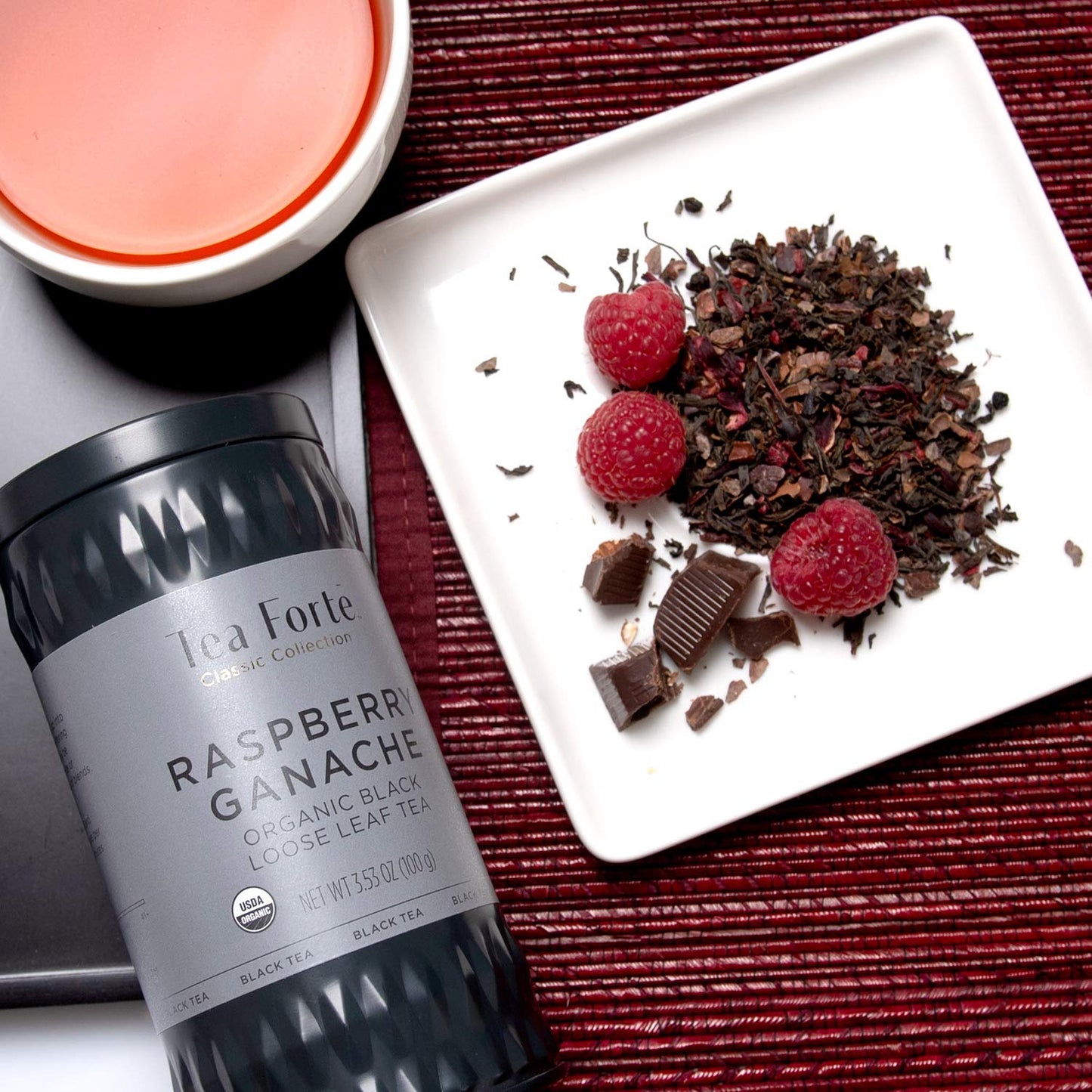 Tea Forte Raspberry Ganache Premium Organic Loose Leaf Caffeinated Black Tea Blend Canister, Makes 35-50 Cups