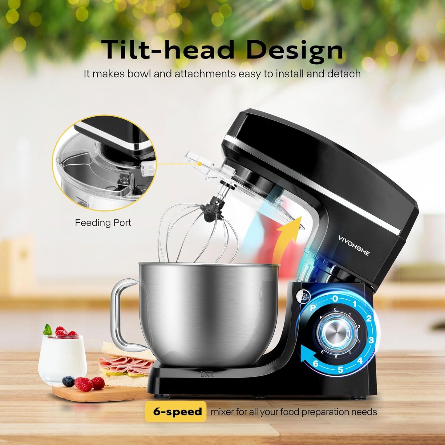VIVOHOME 7.5 Quart Stand Mixer, 660W 6-Speed Tilt-Head Kitchen Electric Food Mixer with Beater, Dough Hook, Wire Whip, and Egg Separator, Black