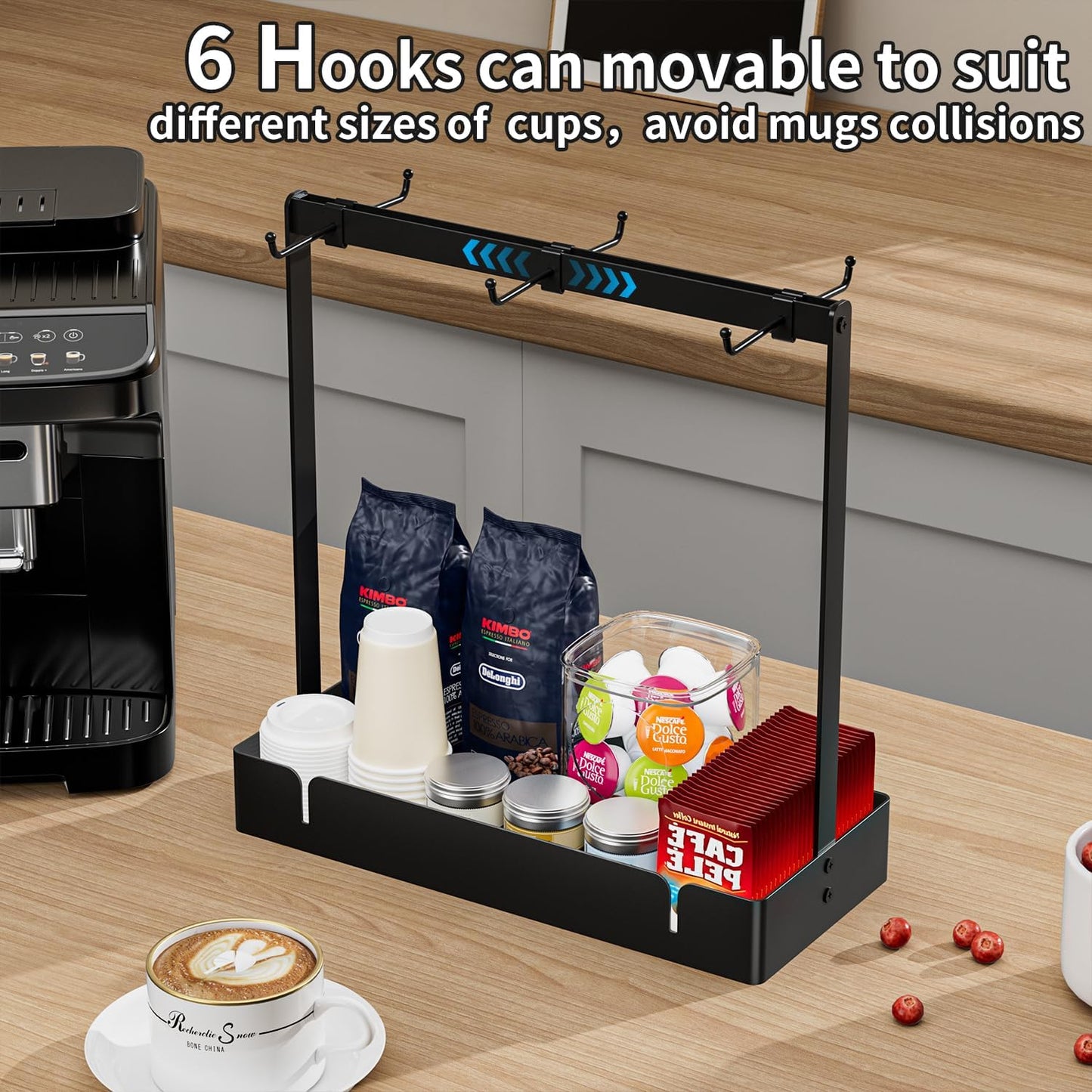 RCHYFEED Coffee Mug Holder Organizer with Movable Hooks, Coffee Cup Holder for Countertop, Metal Coffee Mug Tree Stand with Storage Basket, Cups Mug Rack for K Cup Pod Coffee Bar Kitchen, Black