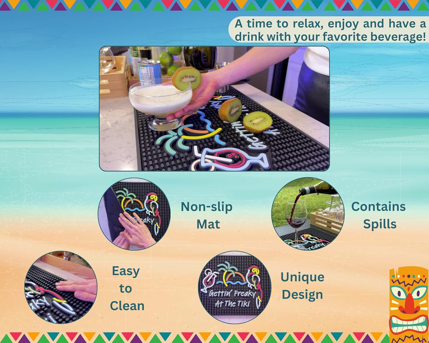 Tiki Bar Mats for Countertop - Perfect Bar Sign Gettin Freaky at The Tiki 18x12 in - Kitchen Counter Decor Tiki Bar Accessories, Tiki Bar for Outside Patio Rubber Bar Mats, Luau Mats for Bartending