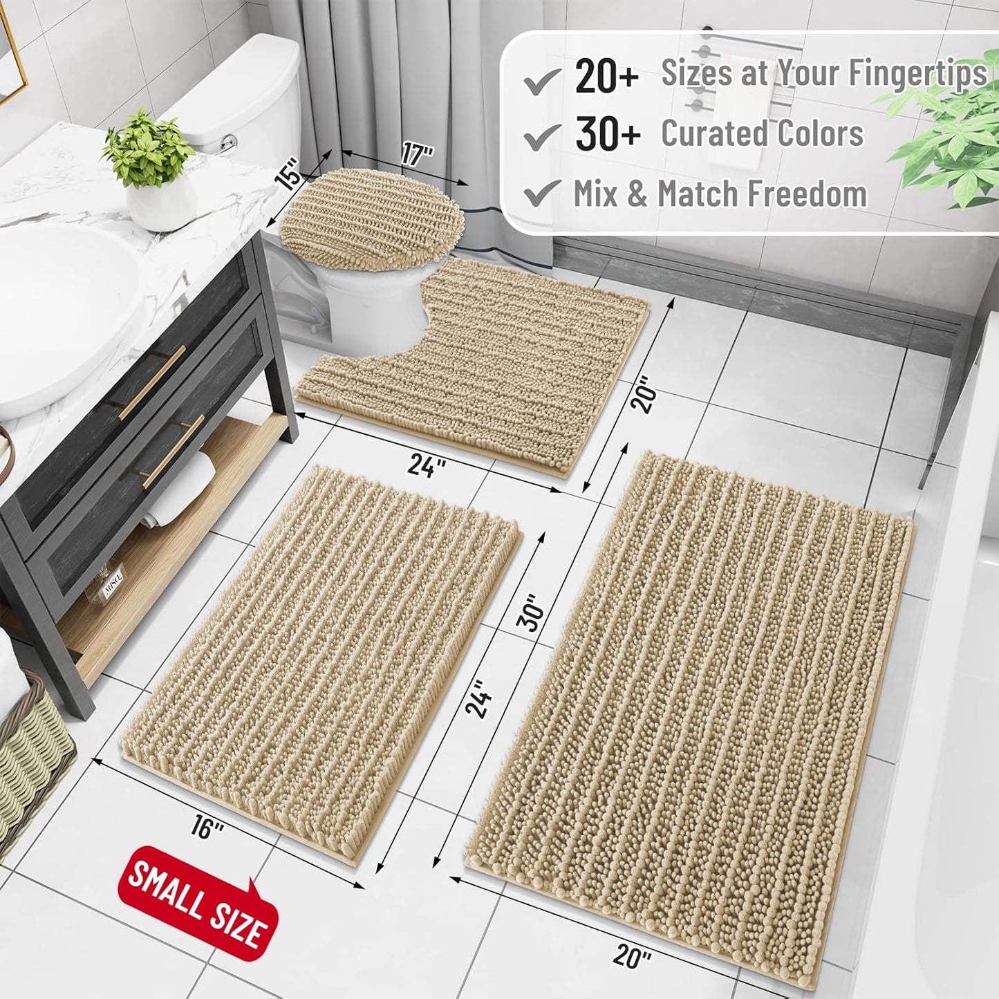 Arotive Luxury Chenille Bathroom Rug Mat, Extra Soft Thick Absorbent Shaggy Bath Rugs, Non-Slip Machine Wash Dry, Plush Bath Mats for Bathroom, Shower and Tub, 36x24, Beige