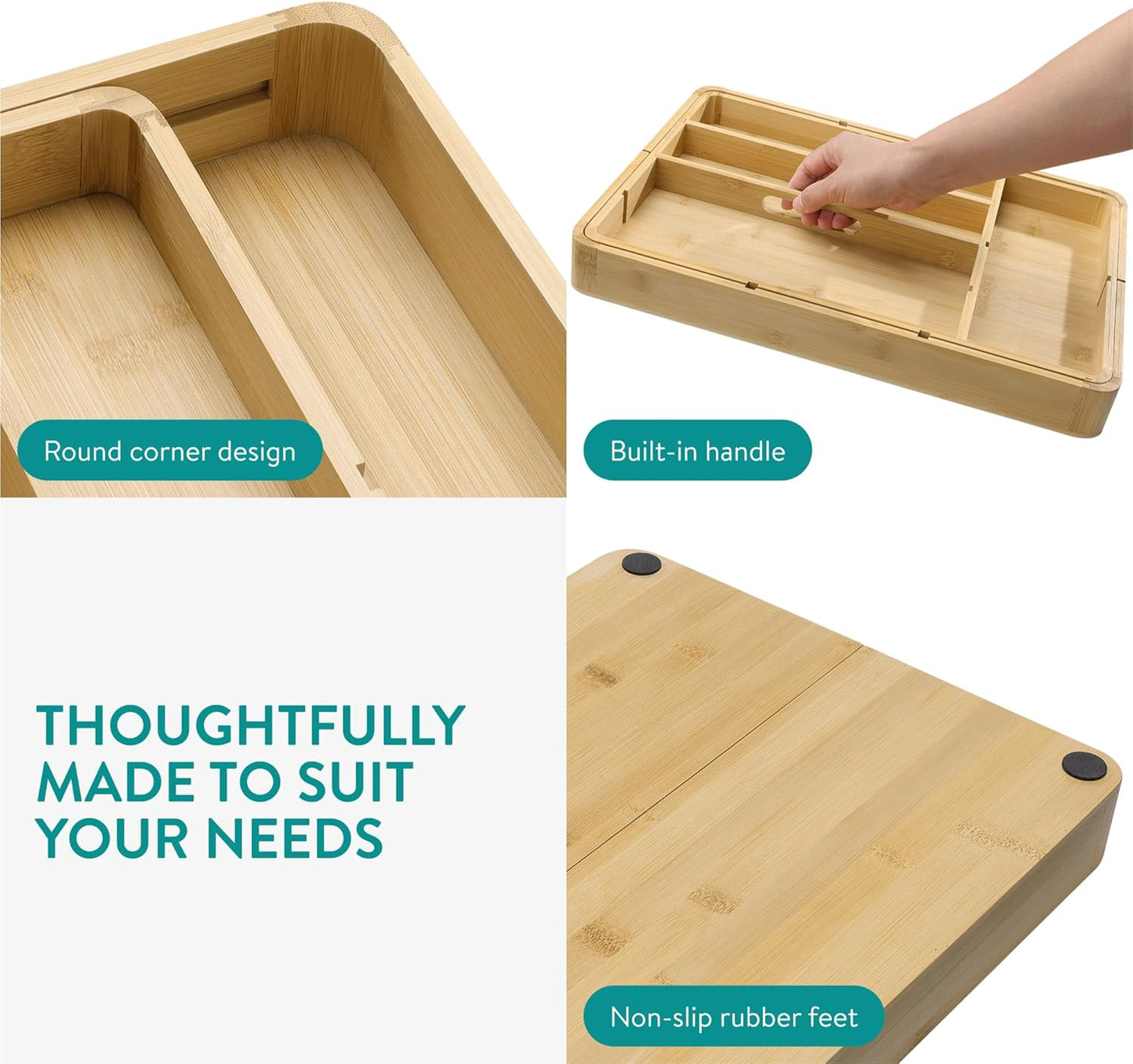 Navaris Bamboo Kitchen Drawer Organiser - Cutlery Tray with Removable Divider for Customisable Drawers Storage - Expandable Trays for Utensils, Tools, Makeup, Stationery, 30 x 43cm