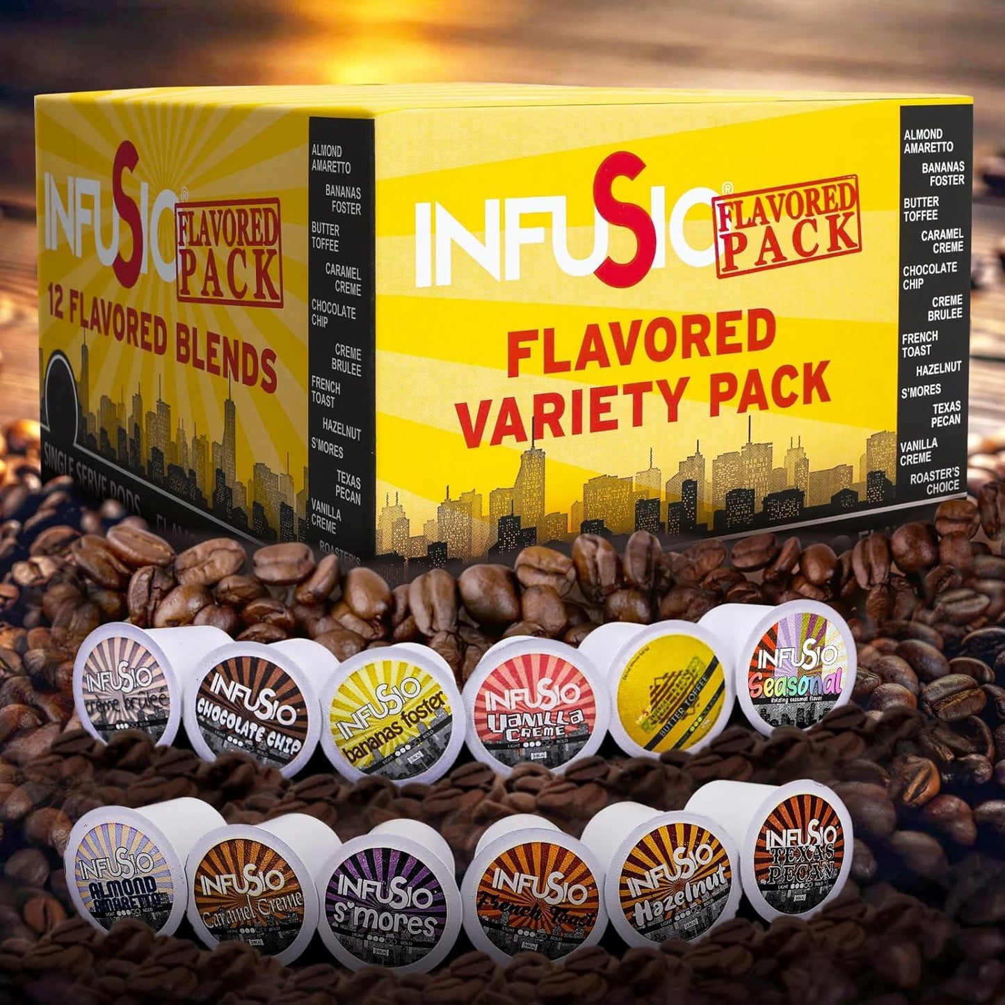 InfuSio Flavored Coffee Pods Variety Pack – 48 Count, 12 Gourmet Medium Roast Dessert-Inspired Blends like Bananas Foster & Crème Brûlée, Compatible with Keurig K-Cup 2.0 Brewers