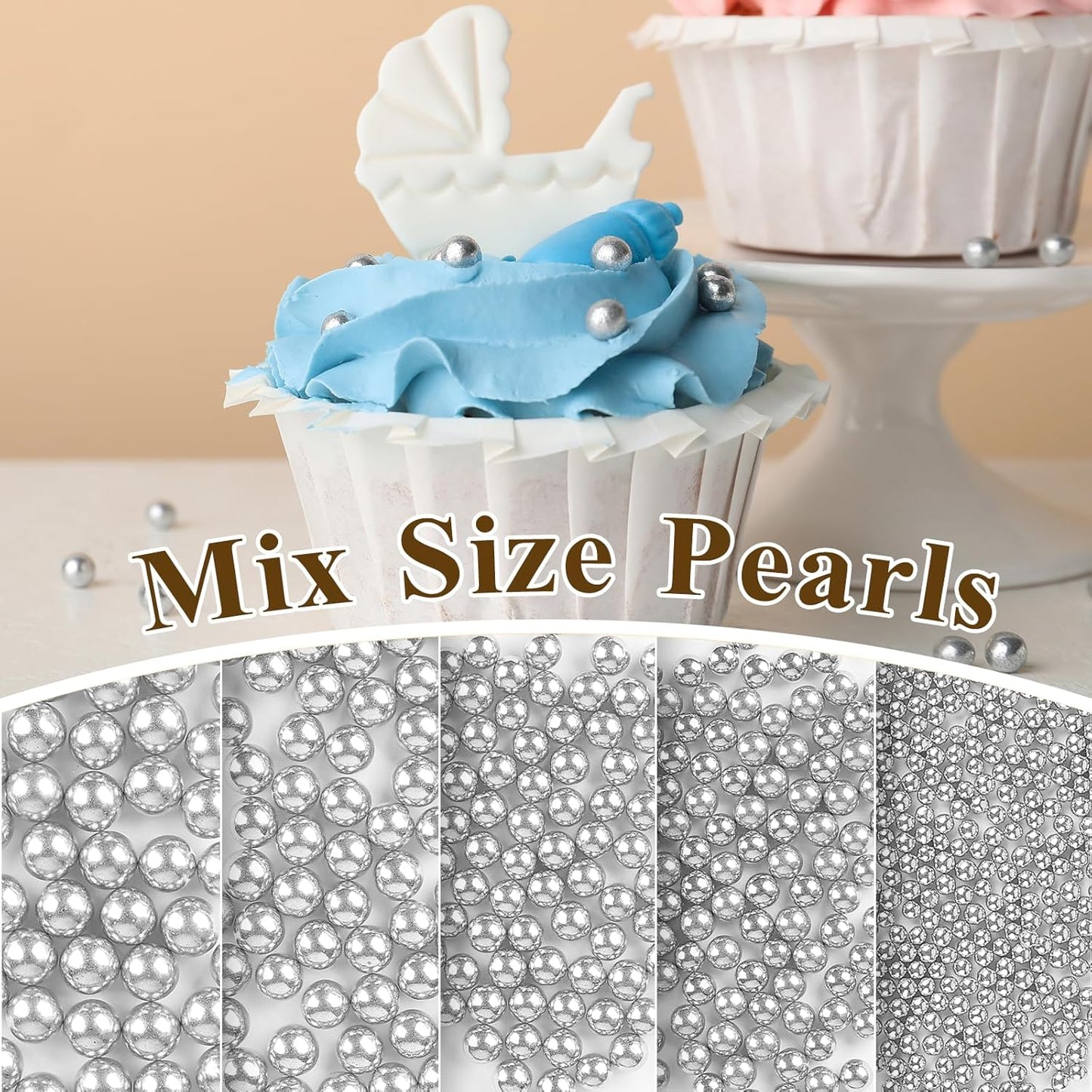 Twisweet Silver Pearl Sprinkles for Cake Decorating, Edible Sugar Pearls for Baking, Mix Size, Cake Topper Cupcake Cookie Ice Cream Dessert Decorations, Valentines Birthday Christmas Supplies (130g/4.58oz)