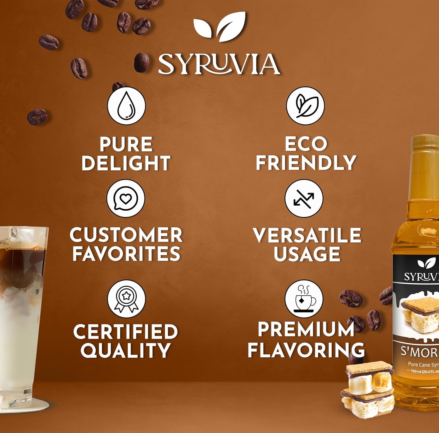 Syruvia S’mores Syrup for Coffee - 25.4 fl oz. Kosher and Gluten-Free. Perfect for Lattes, Smoothies, Shakes, Drinks, Desserts, and More.