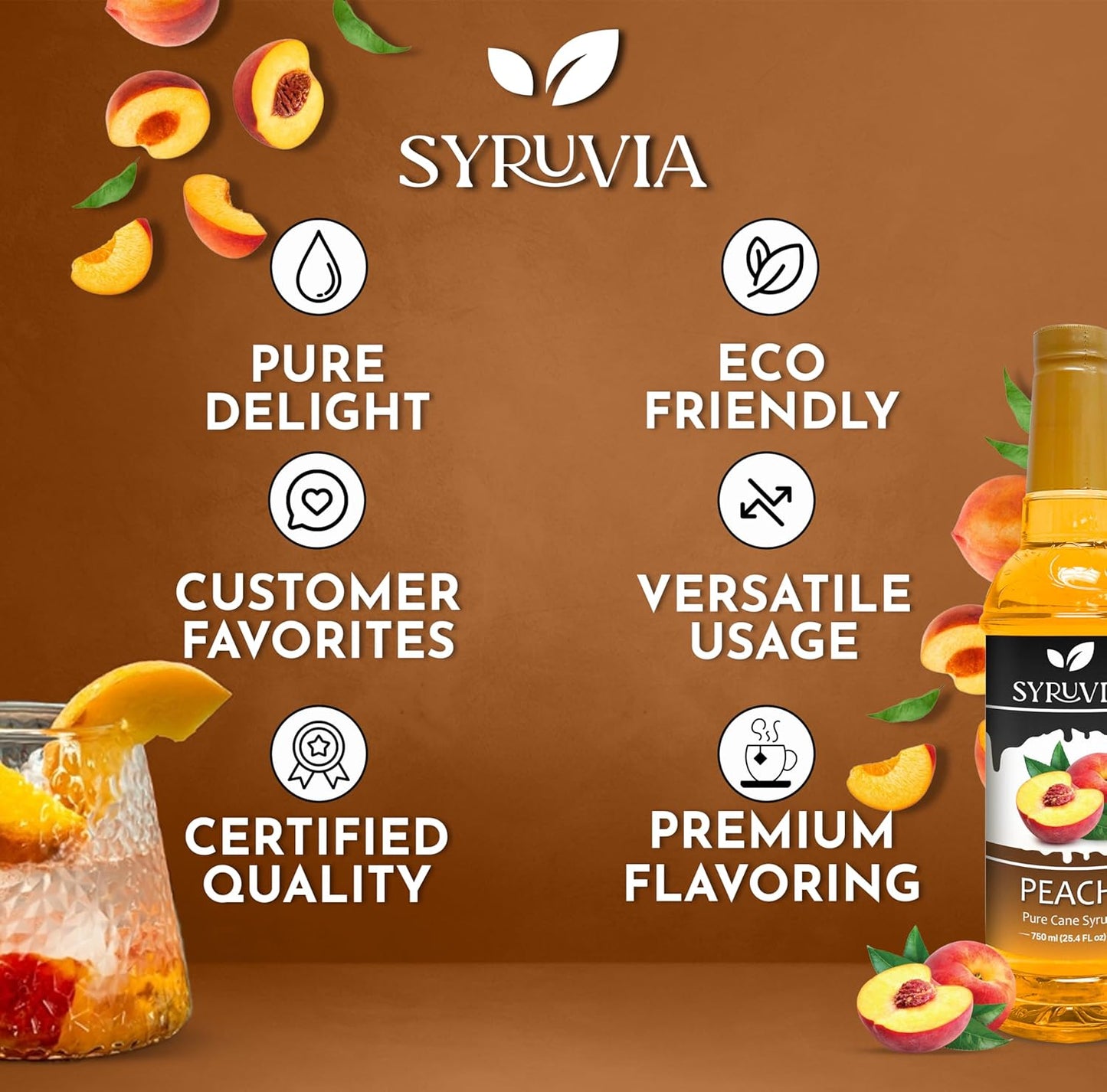 Syruvia Peach Syrup for Drinks 25.4 Ounces Peach Flavoring Syrup - Kosher, Gluten-Free, Ideal for Elevating Your Beverage Adventures