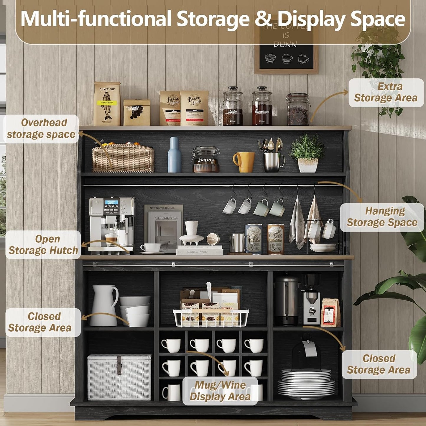 55 Inch Farmhouse Coffee Bar Cabinet with 3-Tier Storage, Kitchen Hutch with 12 Wine Racks & 3 Glass Holders, Coffee Bar with 6 Hooks, Wine Bar Cabinet for Dining Living Room, Black