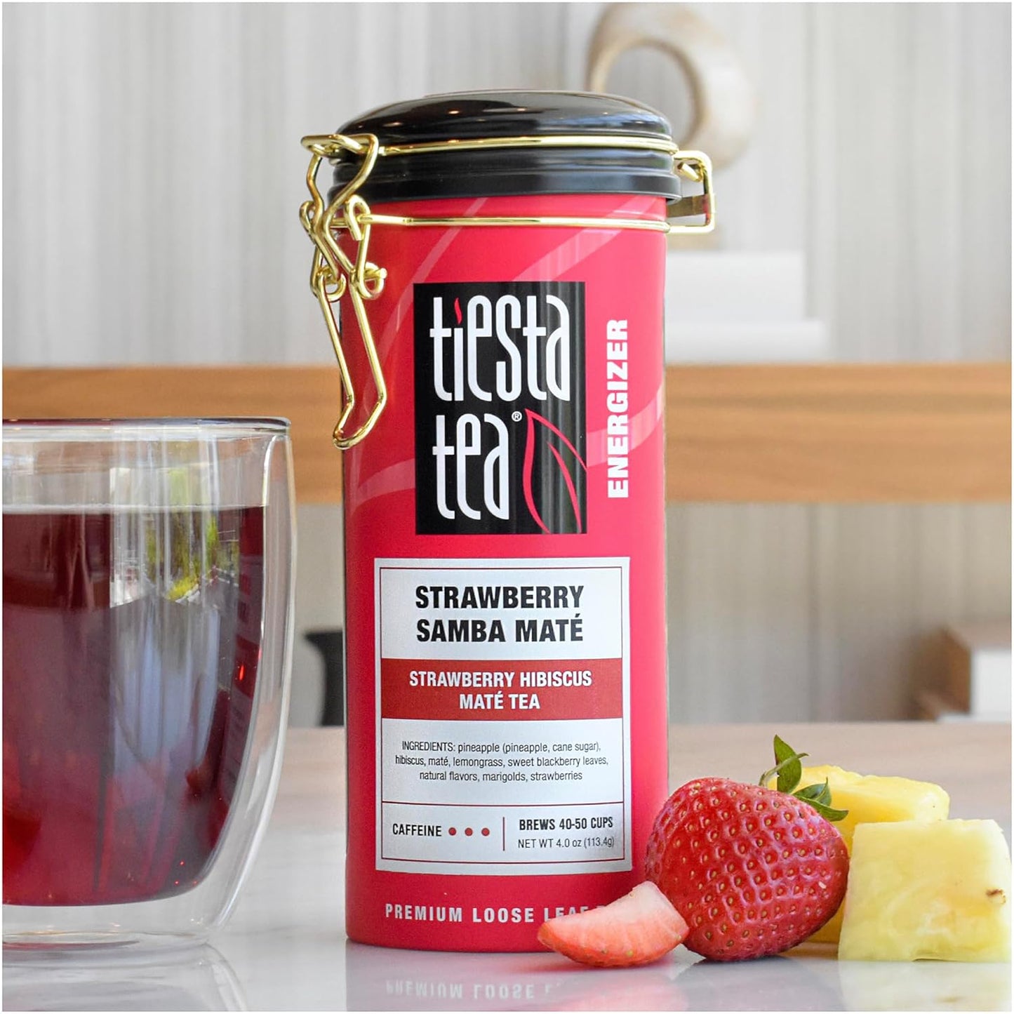 Tiesta Tea - Strawberry Samba Mate, Loose Leaf, Strawberry Hibiscus Mate Tea, High Caffeinated Fruit Blend, Make Hot or Iced Up to 50 Cups, 4 oz Refillable Tin