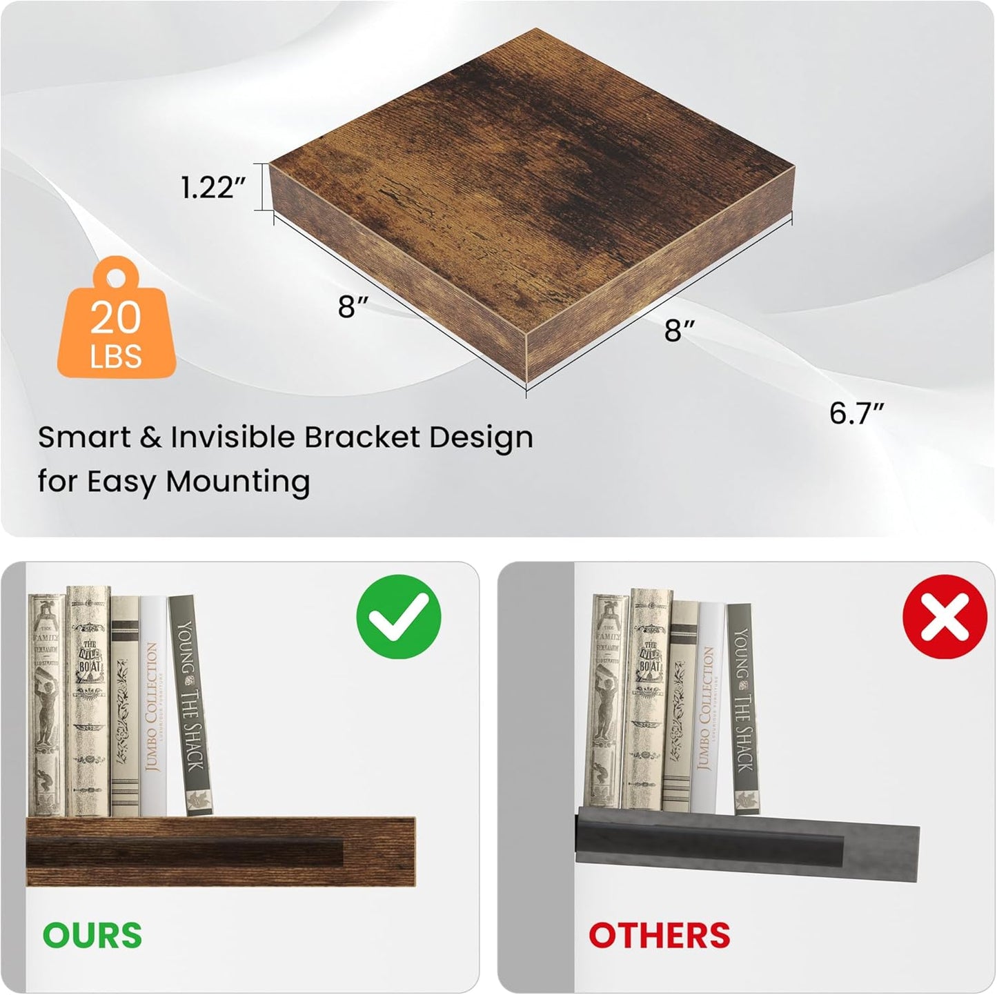 Square Floating Shelves for Wall, 8"W x 8"D x 1.2"H, Small Wooden Wall Mounted Display Shelves with Invisible Brackets for Living Room, Bedroom, Bathroom, Kitchen Decor, Set of 4, Rustic Brown