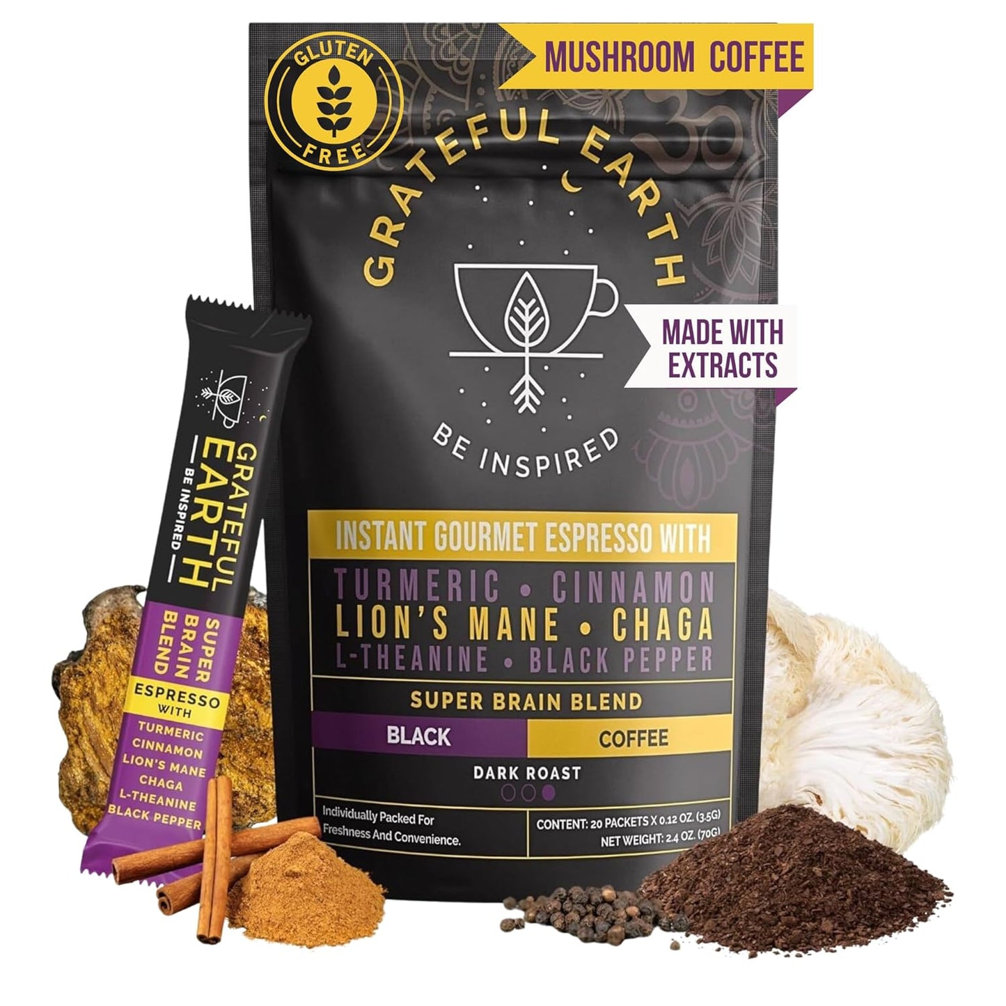 Grateful Earth Mushroom Coffee, Instant Espresso with Lion’s Mane Mushrooms, Chaga, L-Theanine, Super Brain Nootropic Blend, Focus, Energy, Immune Support & Gut Health, Dairy & Gluten Free, 20 Packets