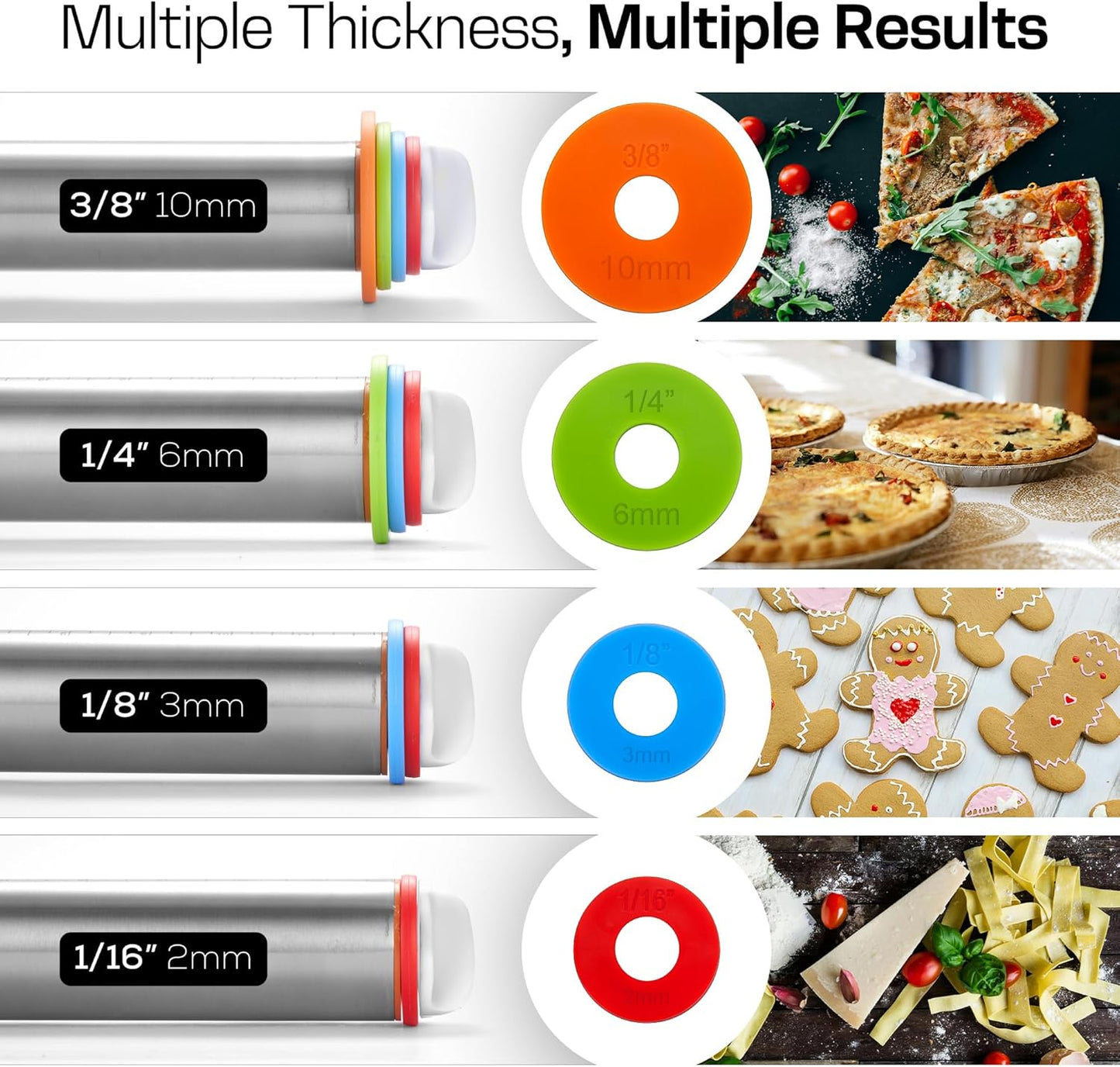 17" Stainless Steel Rolling Pin with 4 Adjustable Thickness Rings and Baking Mat for Dough, Pizza, Pies, Pastries, Pasta, Cookies (Black Mat)