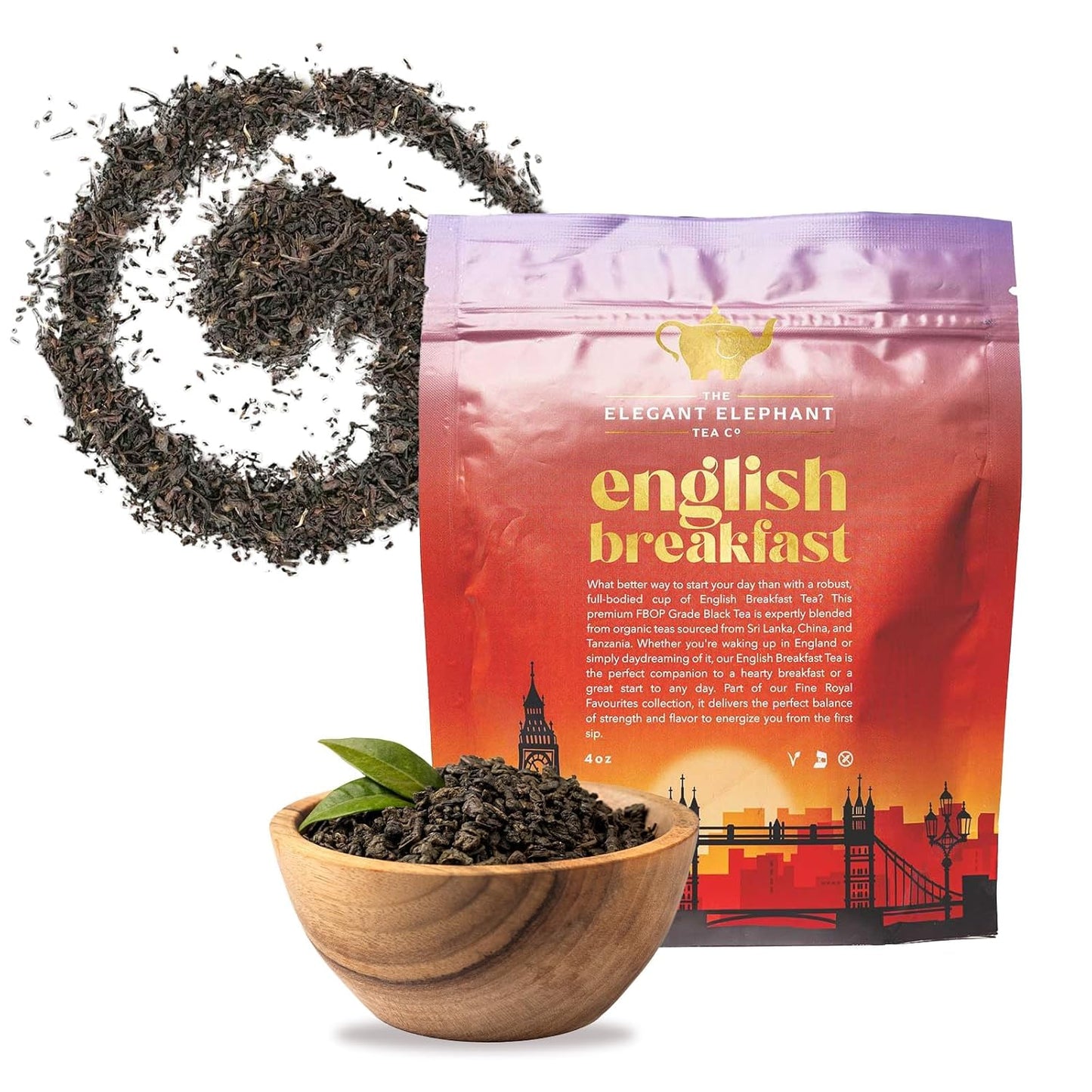 English Breakfast Tea, Organic Loose Leaf Black Tea – Robust, Full-Bodied, Classic Blend – Drink Hot or Iced – 4 oz Resealable Bag (Makes 50 Cups) – The Elegant Elephant