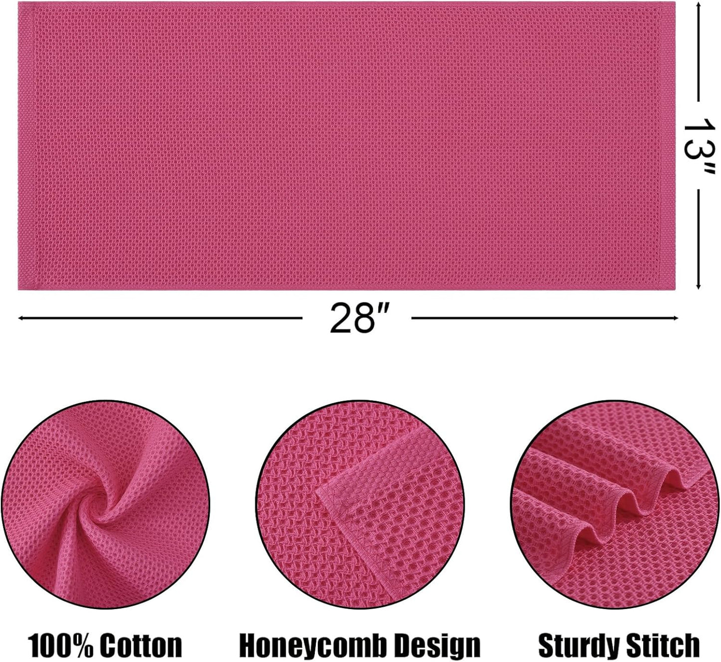 Kitinjoy 100% Cotton Waffle Weave Kitchen Towels, 8-Pack Super Soft and Absorbent Dish Towels for Drying Dishes, Kitchen Hand Towels, 13 in x 28 in, Hot Pink