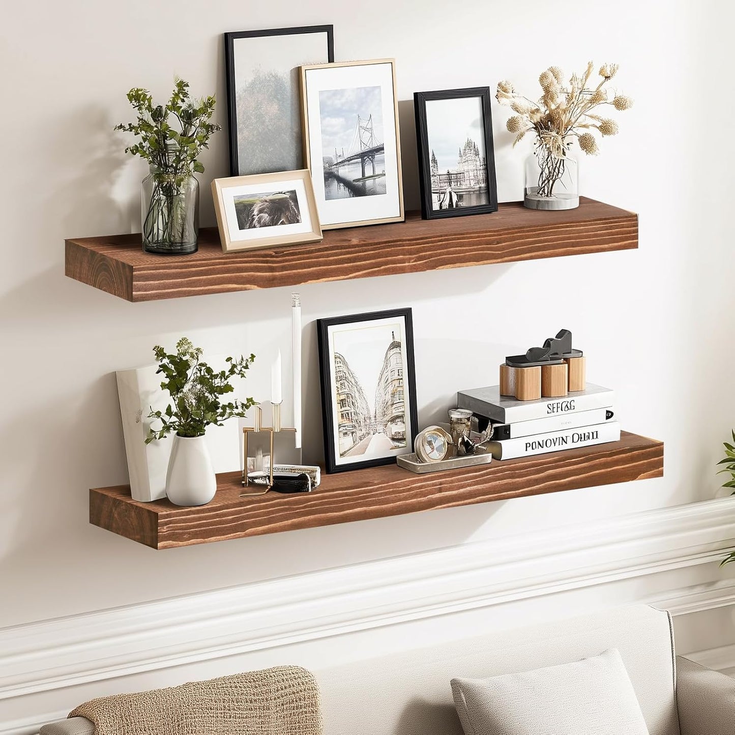 24x8x1.6 inch Floating Shelves Set of 2 – Solid Wood Rustic Brown Wall Mounted Shelf for Kitchen, Bathroom, Living Room