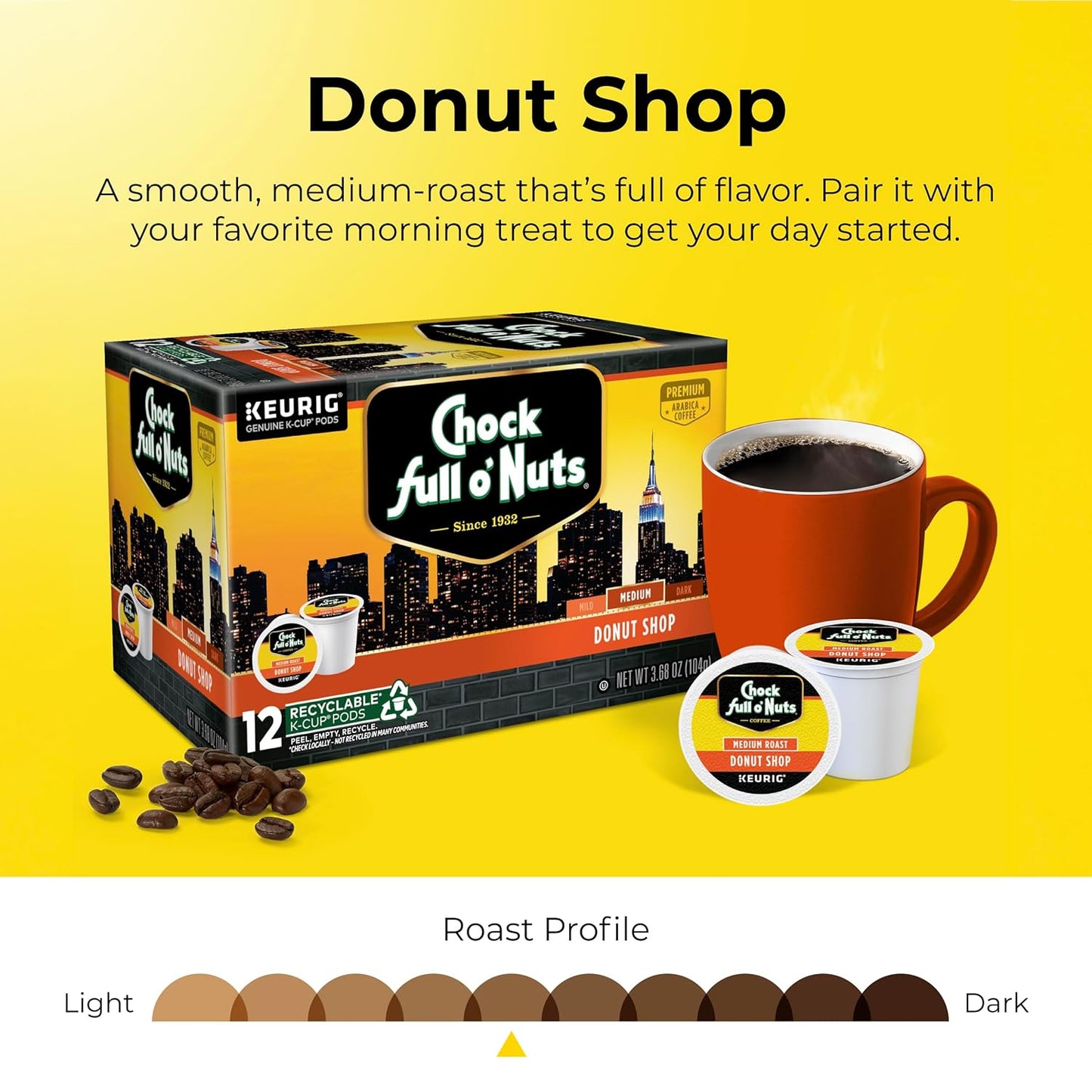 Chock full o’Nuts Donut Shop Keurig K-Cup Pods for Keurig Brewers – Premium Arabica, Medium Roast – Single Serve – 1 Pack of 12 K-Cup Pods