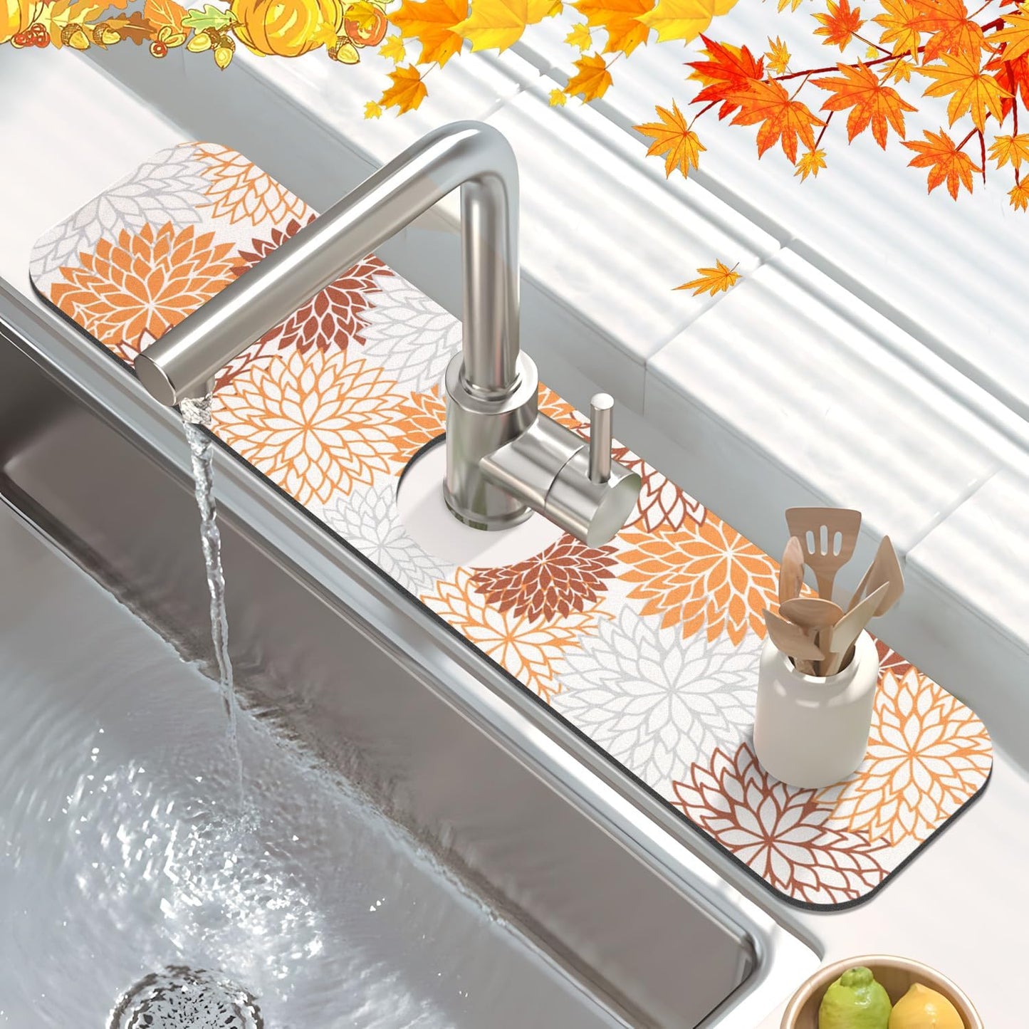 Findosom 2PCS 12" x 20" Fall Dish Drying Mat & 24" x 5.5" Sink Splash Guard, Super Absorbent & Cuttable Dish Mat Drying Kitchen Mat with Orange Floral, Hide Stain Drying Mat for Kitchen Counter