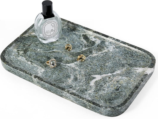 Koville Marble Tray, 12"x8" Natural Marble Vanity Tray for Countertop Bathroom Kitchen Dresser, Decorative Catchall Trays for Perfume Jewelry, Rectangular Stone Serving Tray(Green)