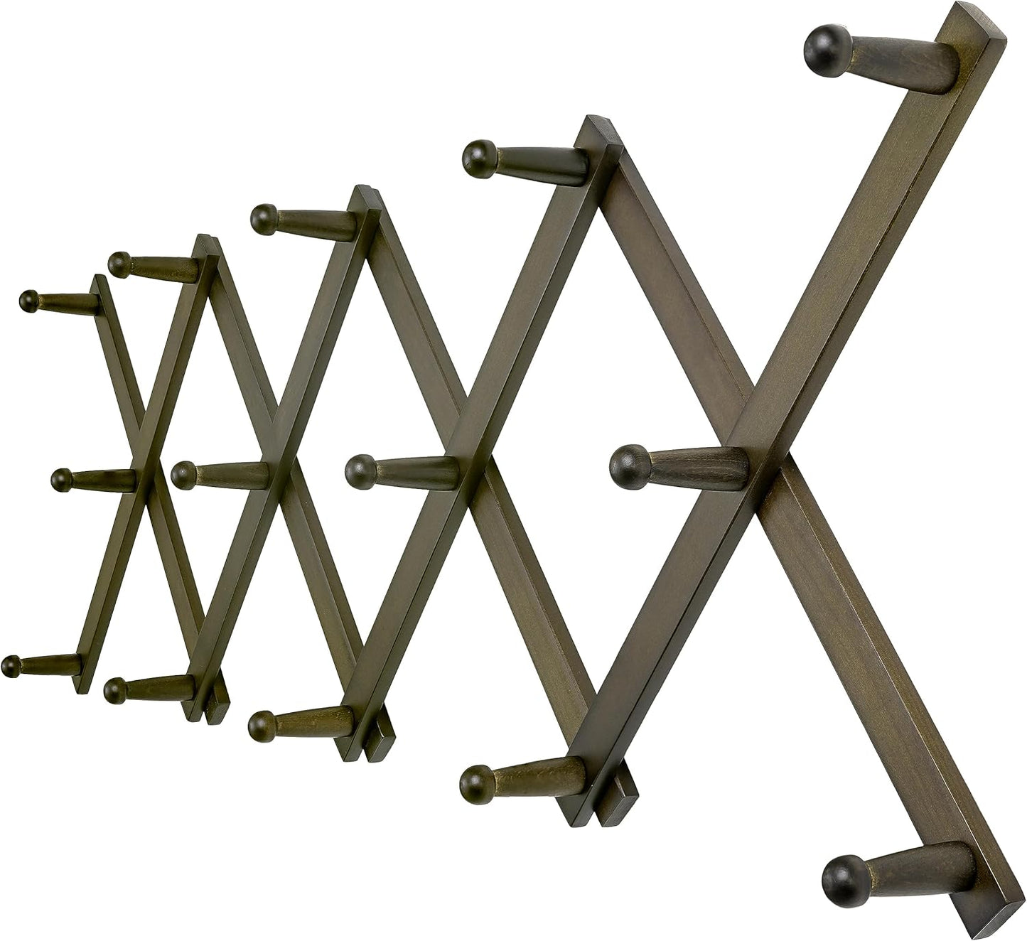 Dseap Accordion Wall Hanger:16'' High Wooden Expandable Coat Rack, Hat Rack for Wall,Accordion Hook for Baseball Caps,Coats,14 Peg Hooks,Dark Walnut