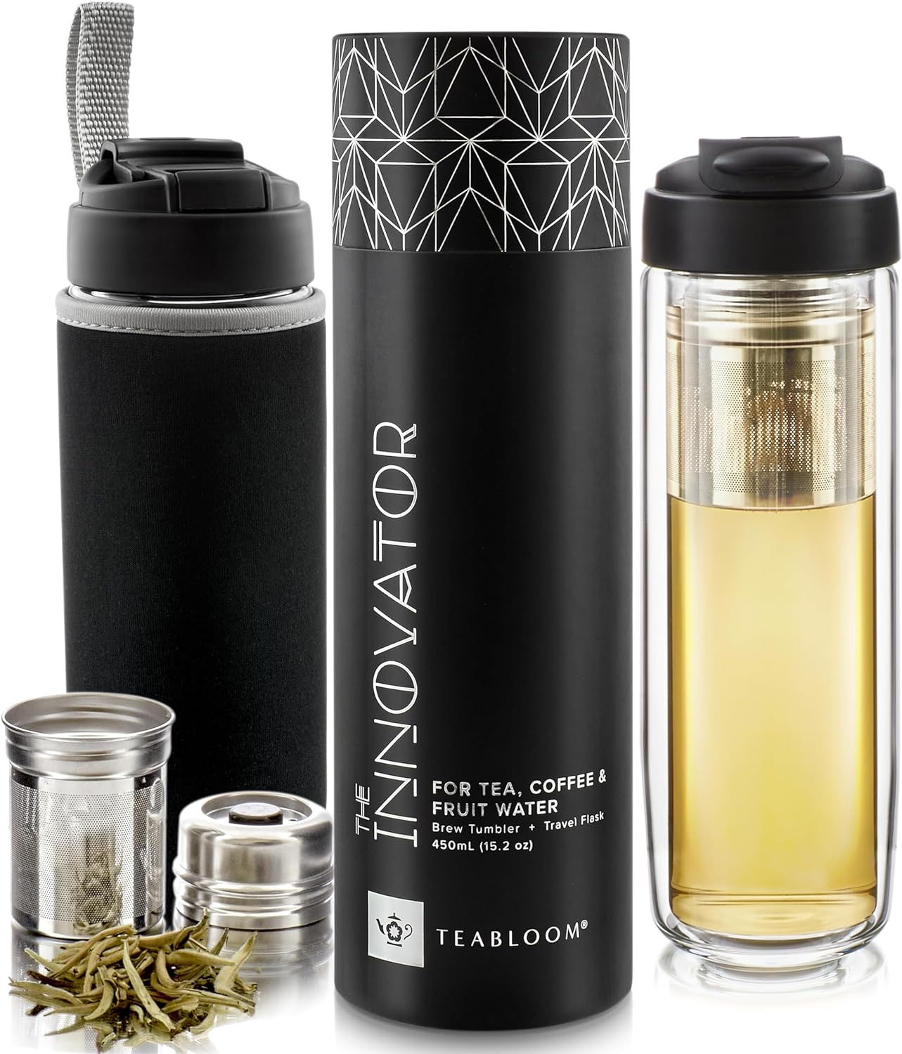 Teabloom Travel Tea Infusing Cup – Insulated Borosilicate Glass Bottle with Magnetic Controlled Infuser and Flip Lid for Hot Tea, Cold-brew Coffee, Fruit Water – The Innovator Tumbler (15oz/450ml)