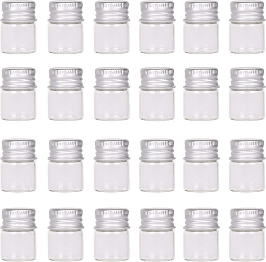 MaxMau Mini Glass Bottles with Screw Caps 5ml 24 Sets Aluminum Top Metal Lids 5 Milliliter Tiny Vials Small Jars DIY Storage Art Craft Decor