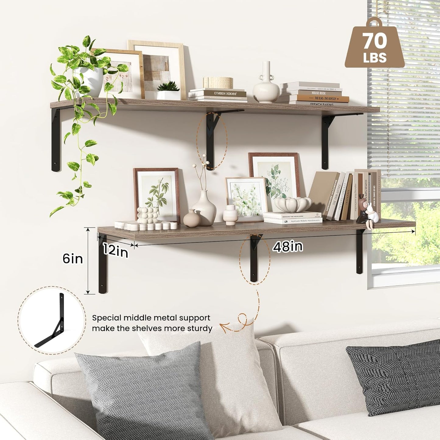 Fun Memories Floating Shelves for Wall, 12 Inch Deep Floating Shelves Set of 2, Wall Mounted Shelf with Metal Brackets, Rustic Wood Wide Shelf for Bathroom, Kitchen and Living Room, Grey, 48W x 12D